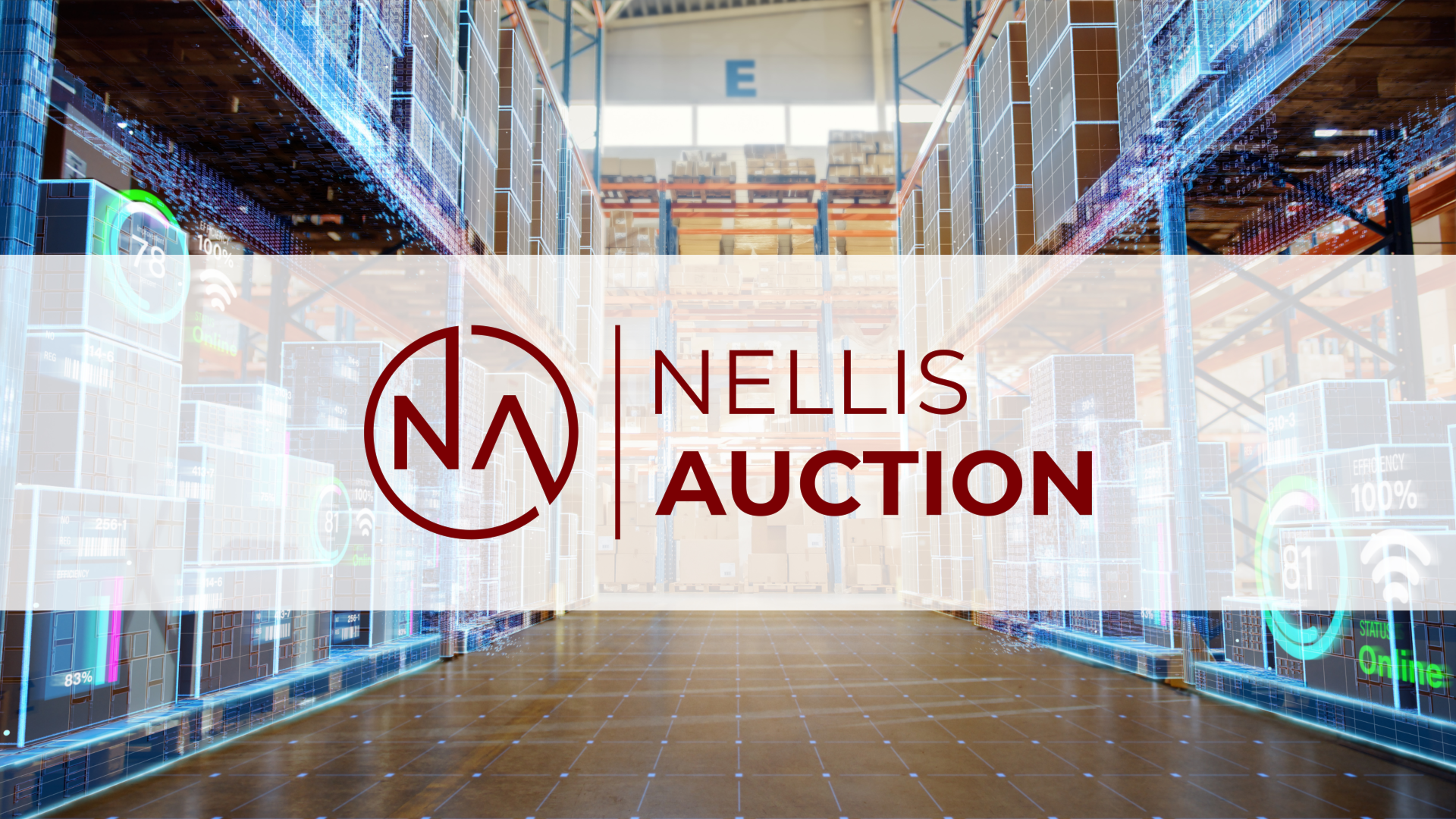 An image showing a warehouse and the Nellis Auction logo.
