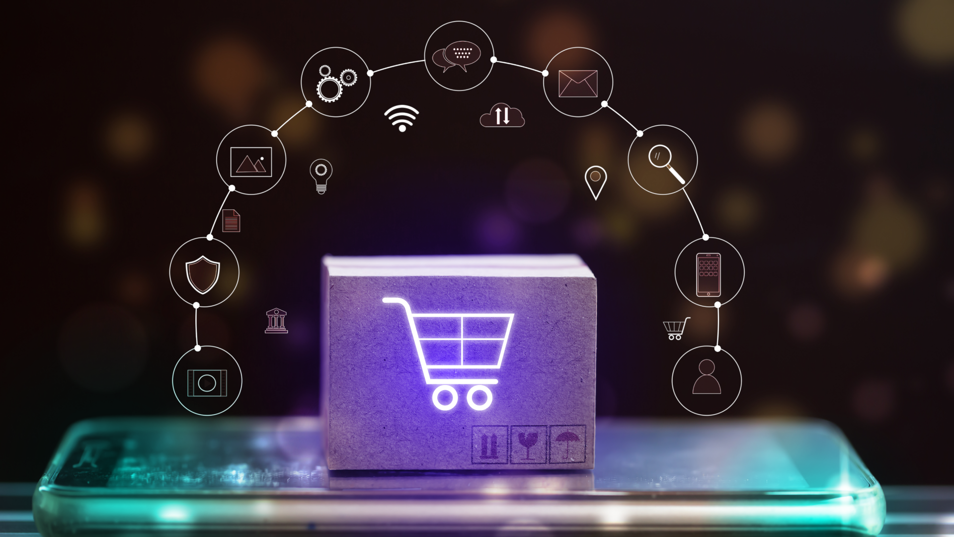 A smartphone with a package sitting on top. The elements of a retail application float above (security, payments, image storage, messages, notifications, customer).