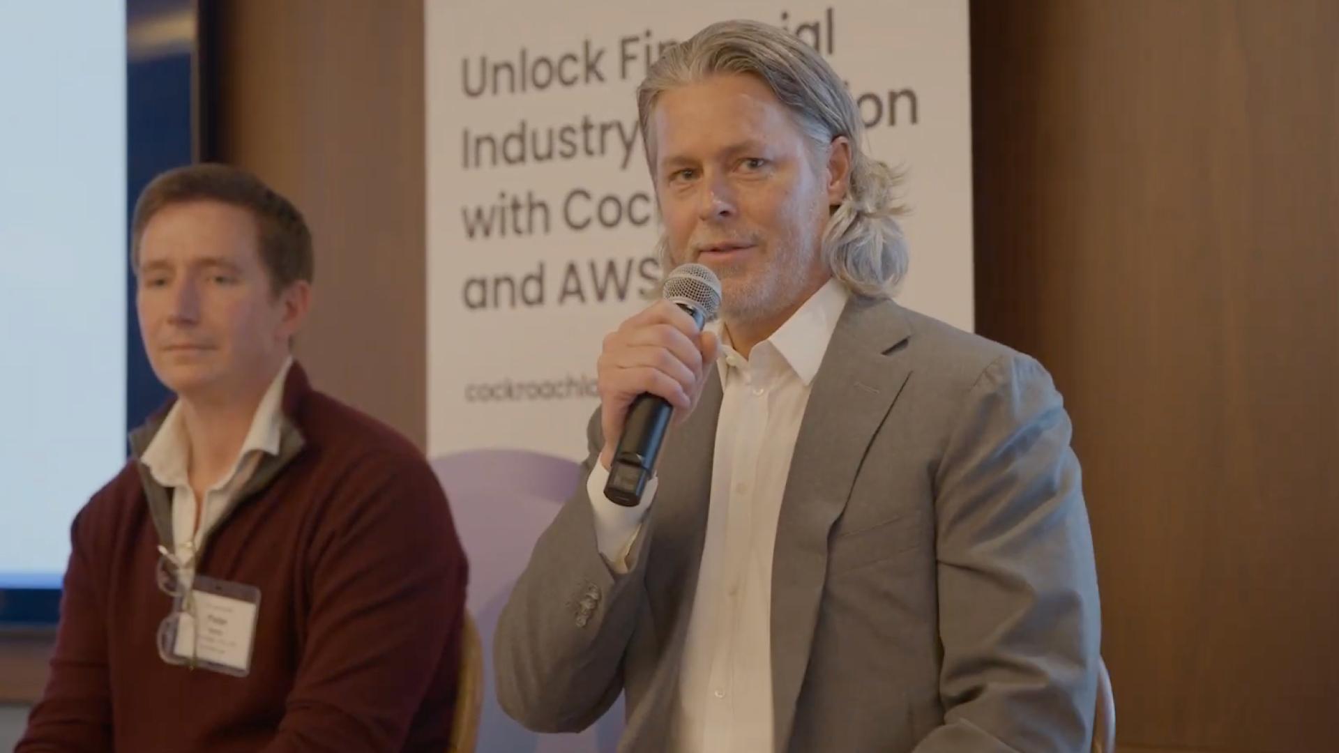 A closeup photo of Cockroach Labs co-founders Peter Mattis and Spencer Kimball at the "Unlocking Capital Markets" event in NYC on April 10, 2025.