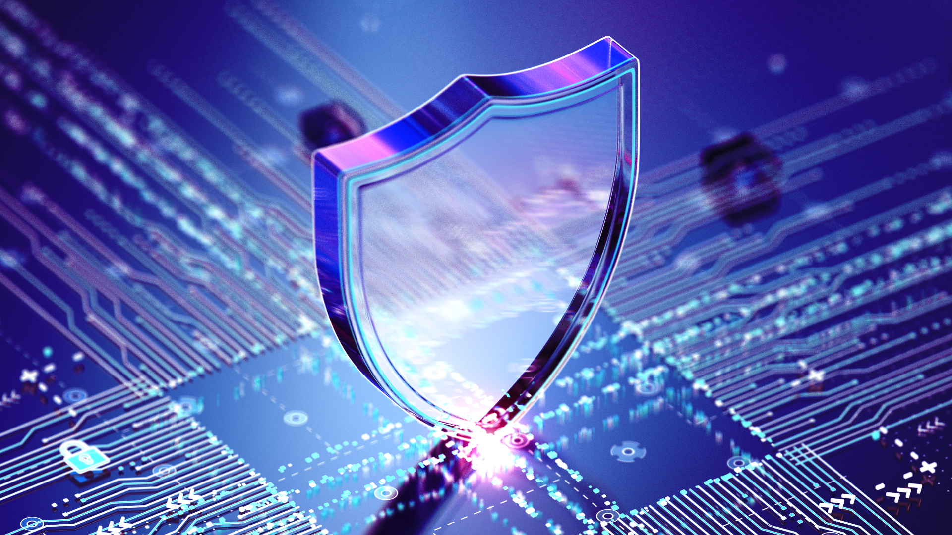 Shield positioned over a circuit board, representing the CIS Benchmark for CockroachDB and standardized security controls for resilient database deployments.