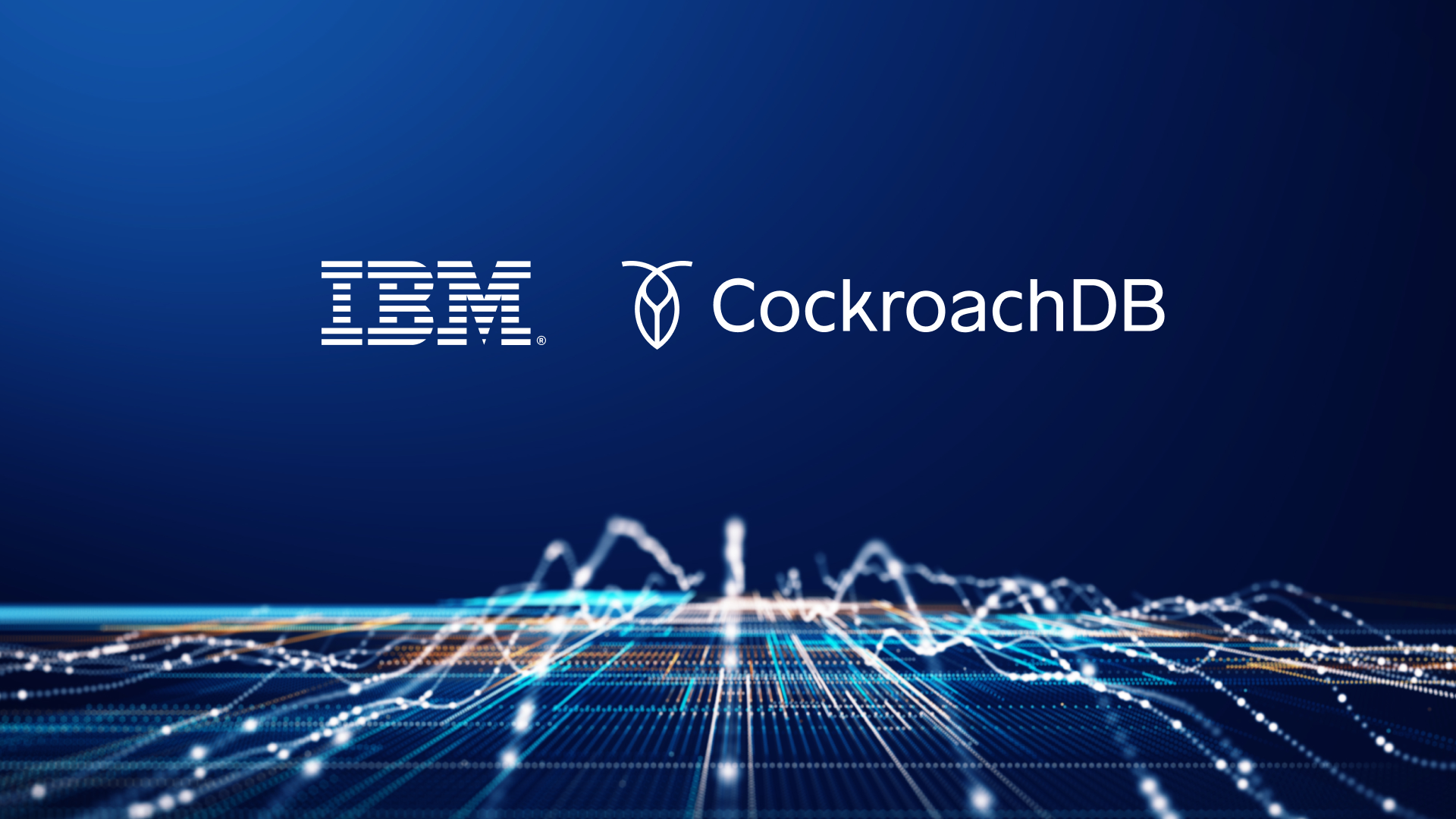 Logos of IBM and CockroachDB on a digital grid background, symbolizing their OEM partnership to deliver cloud-native PostgreSQL for mission-critical enterprise modernization and AI readiness.