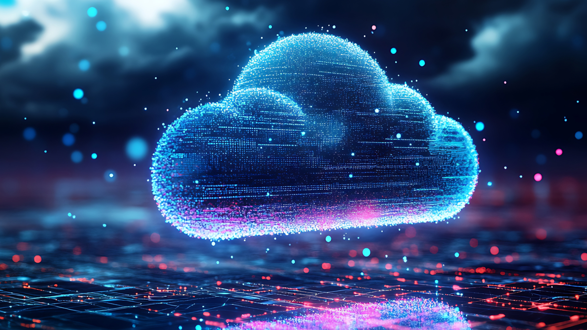 Abstract digital cloud formed from glowing data points above a network grid, representing cloud database modernization and distributed data architectures.