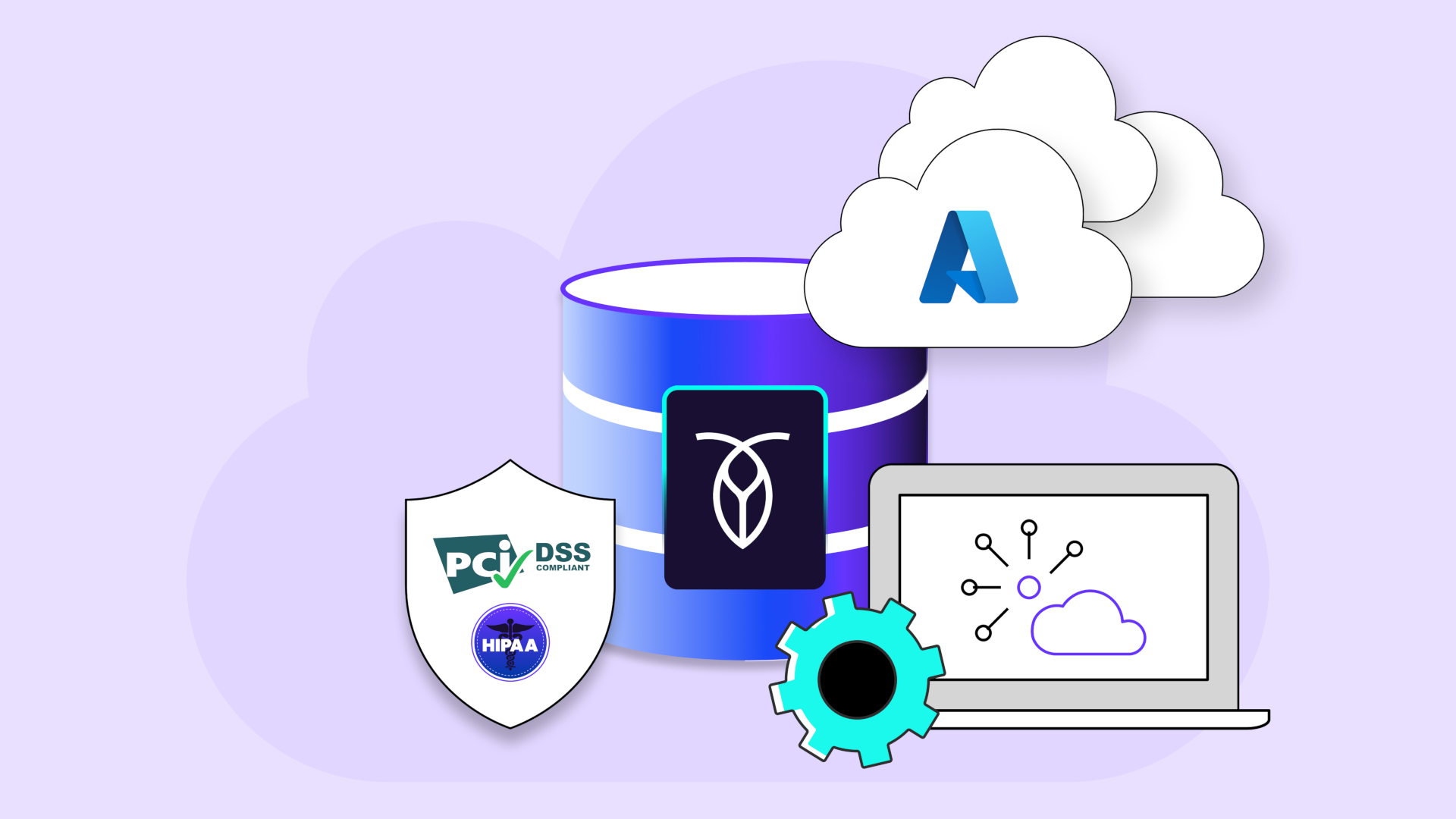 Illustration showing a secure database connected to Microsoft Azure clouds, a laptop, and a shield labeled PCI DSS and HIPAA, representing CockroachDB Cloud’s advanced security and compliance readiness on Azure.
