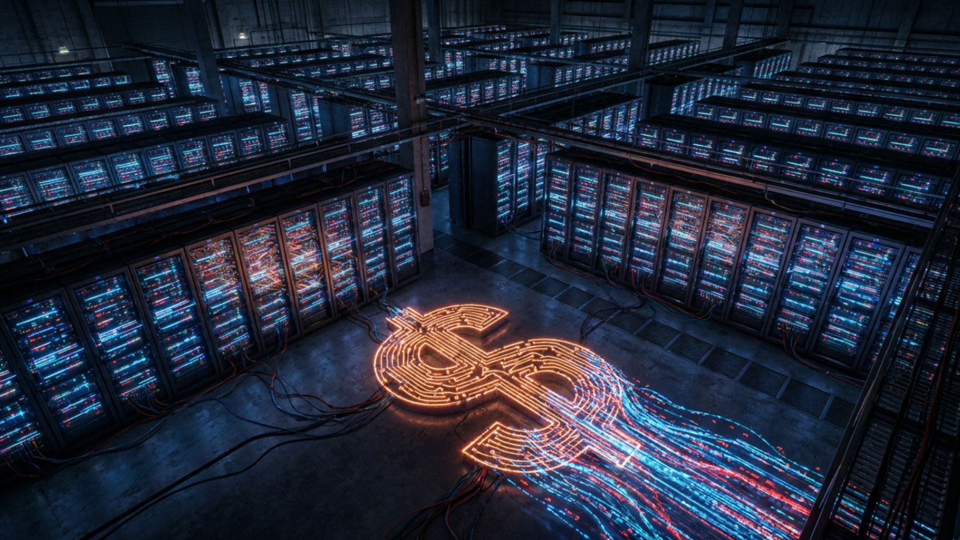 Rows of data center servers surrounding a glowing dollar symbol, representing the infrastructure and operational costs of running AI agents at scale.