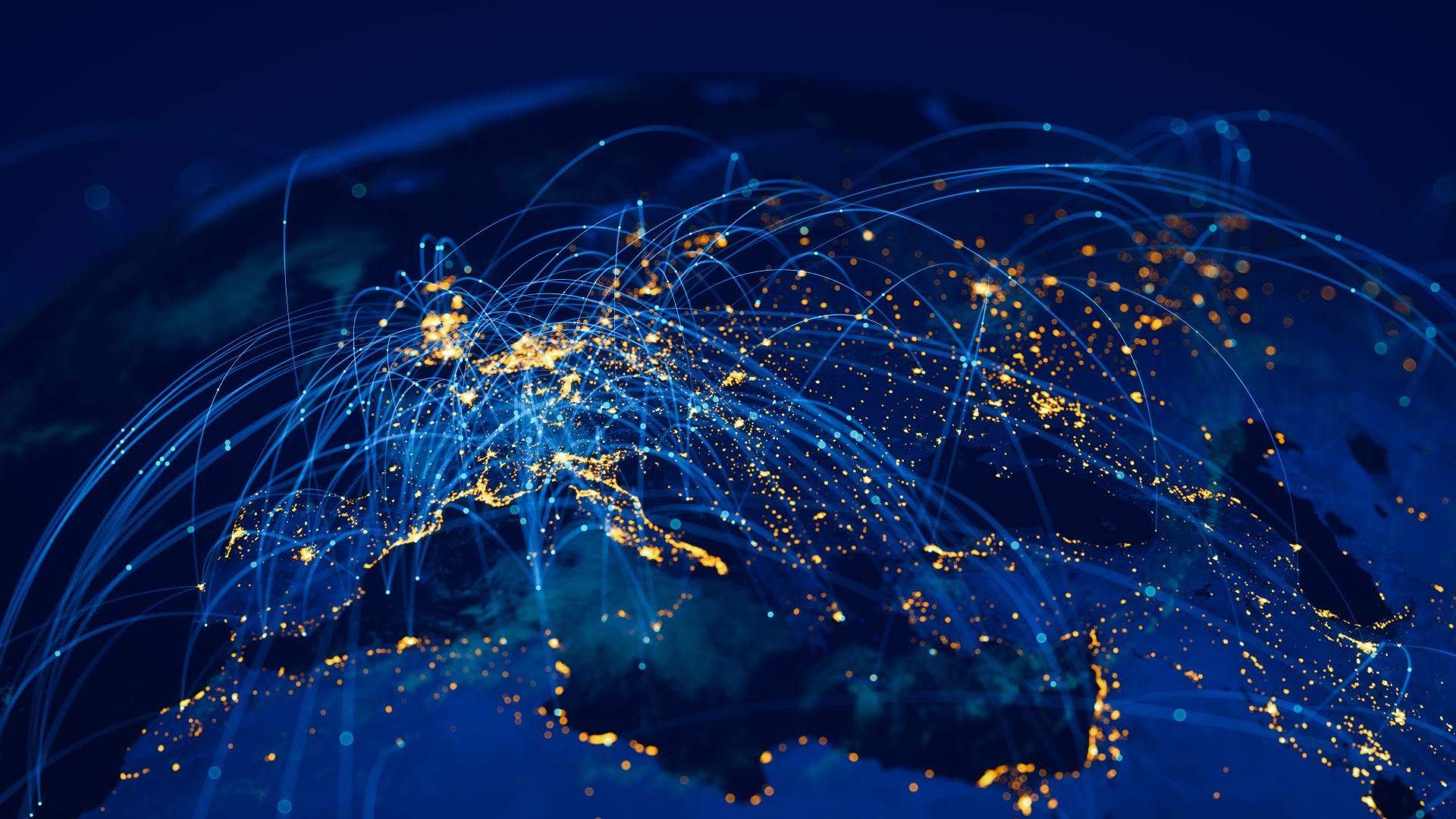 Global map with illuminated data paths spanning continents, representing a real-time, globally distributed reporting platform built on consistent operational data.