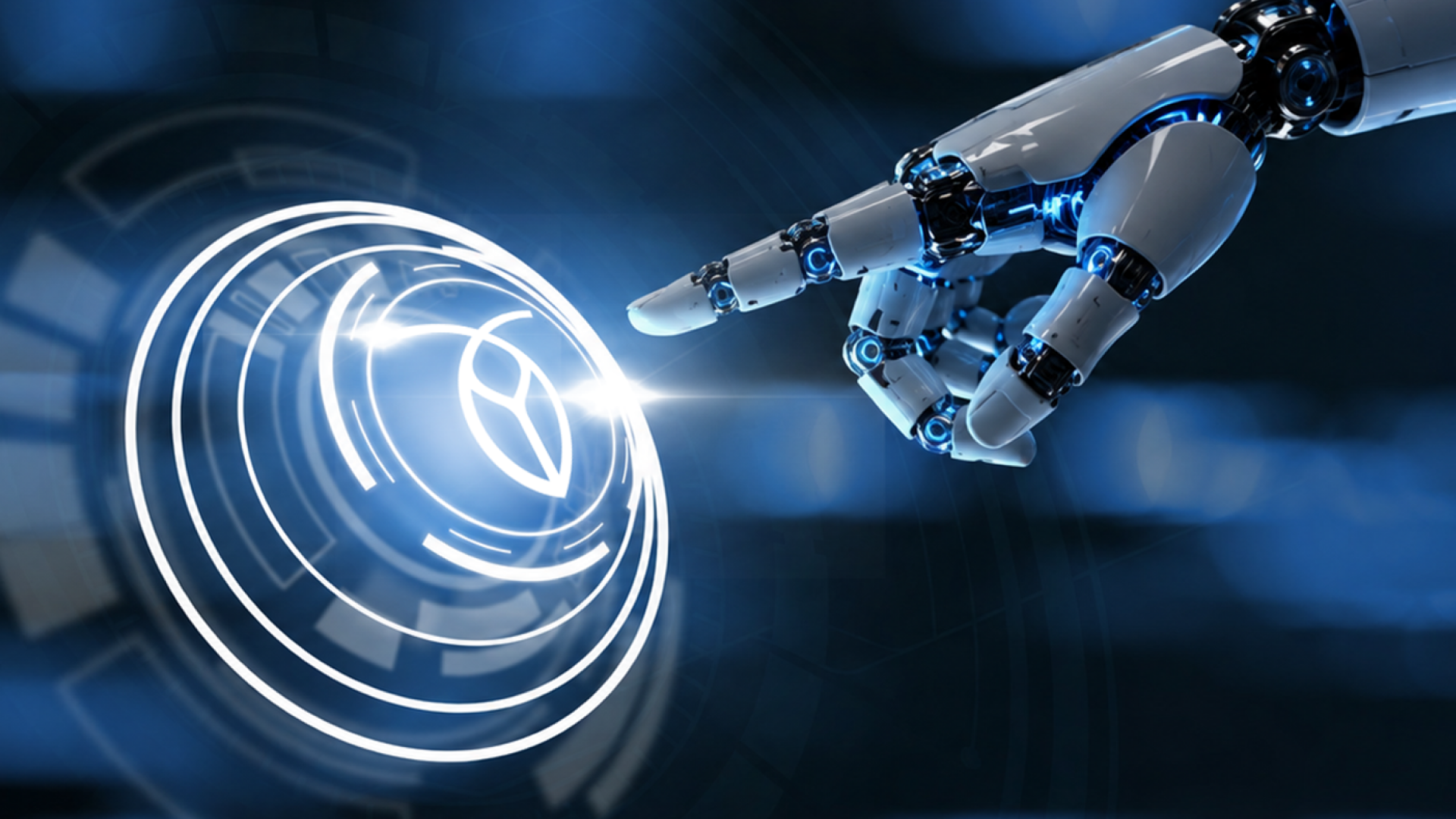 Robotic hand interacting with a digital database interface, representing database infrastructure for AI-powered applications and autonomous systems