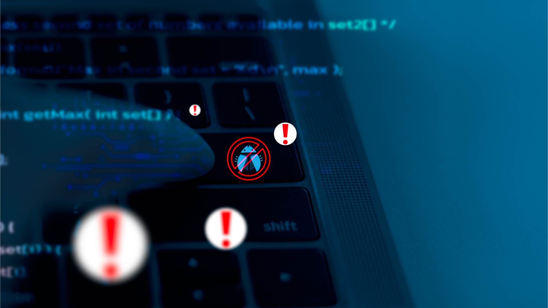 Close-up of a keyboard overlaid with warning icons and a security symbol, representing proactive security logging, threat detection, and incident response workflows.
