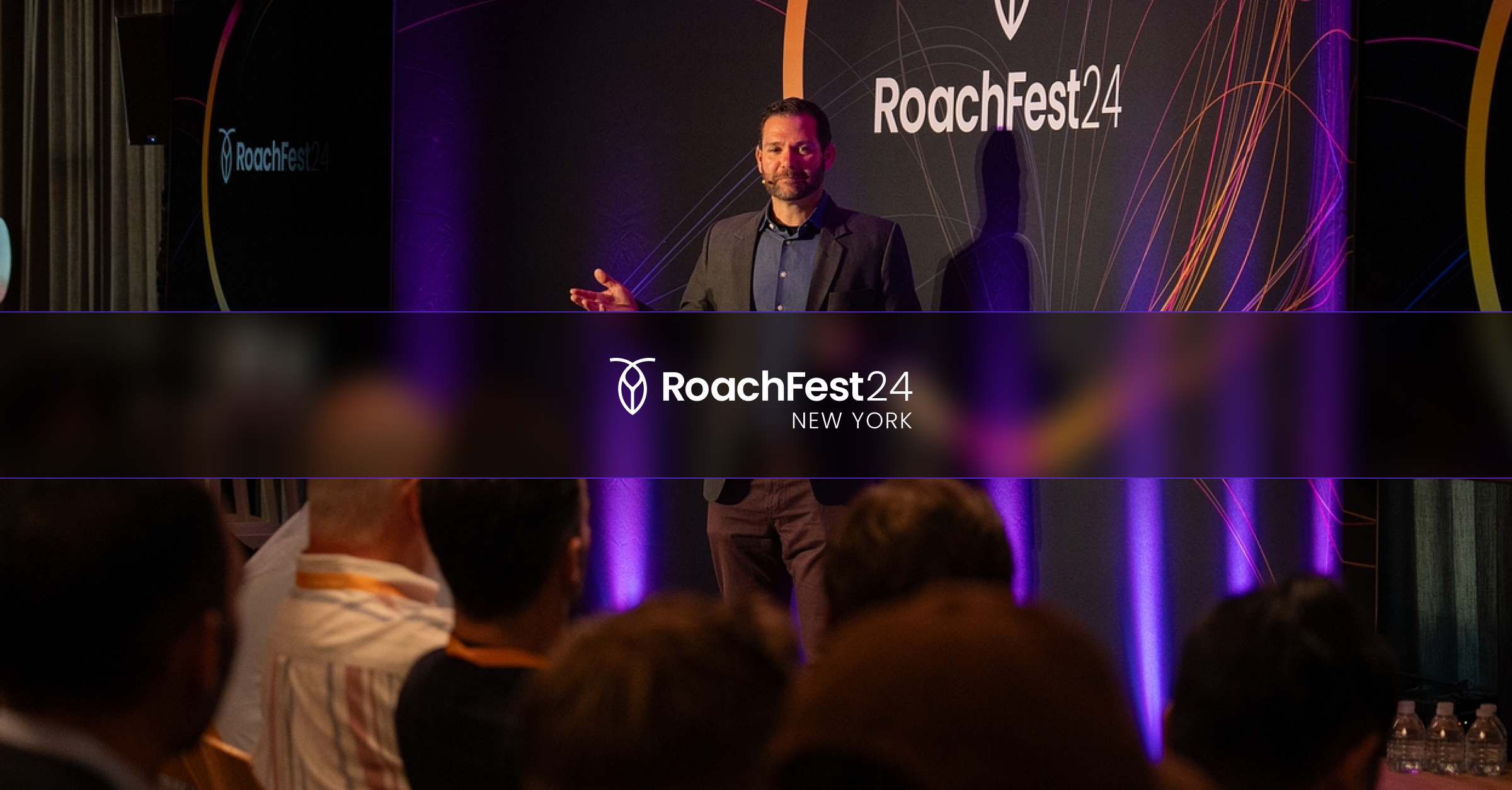 Image of Chris Casano, Senior Director of Customer Engineering - Americas, at Cockroach Labs and MC for RoachFest 2024 NYC, standing on the RoachFest 2024 Menlo Park stage. The RoachFest24 New York logo is superimposed on top of the image.