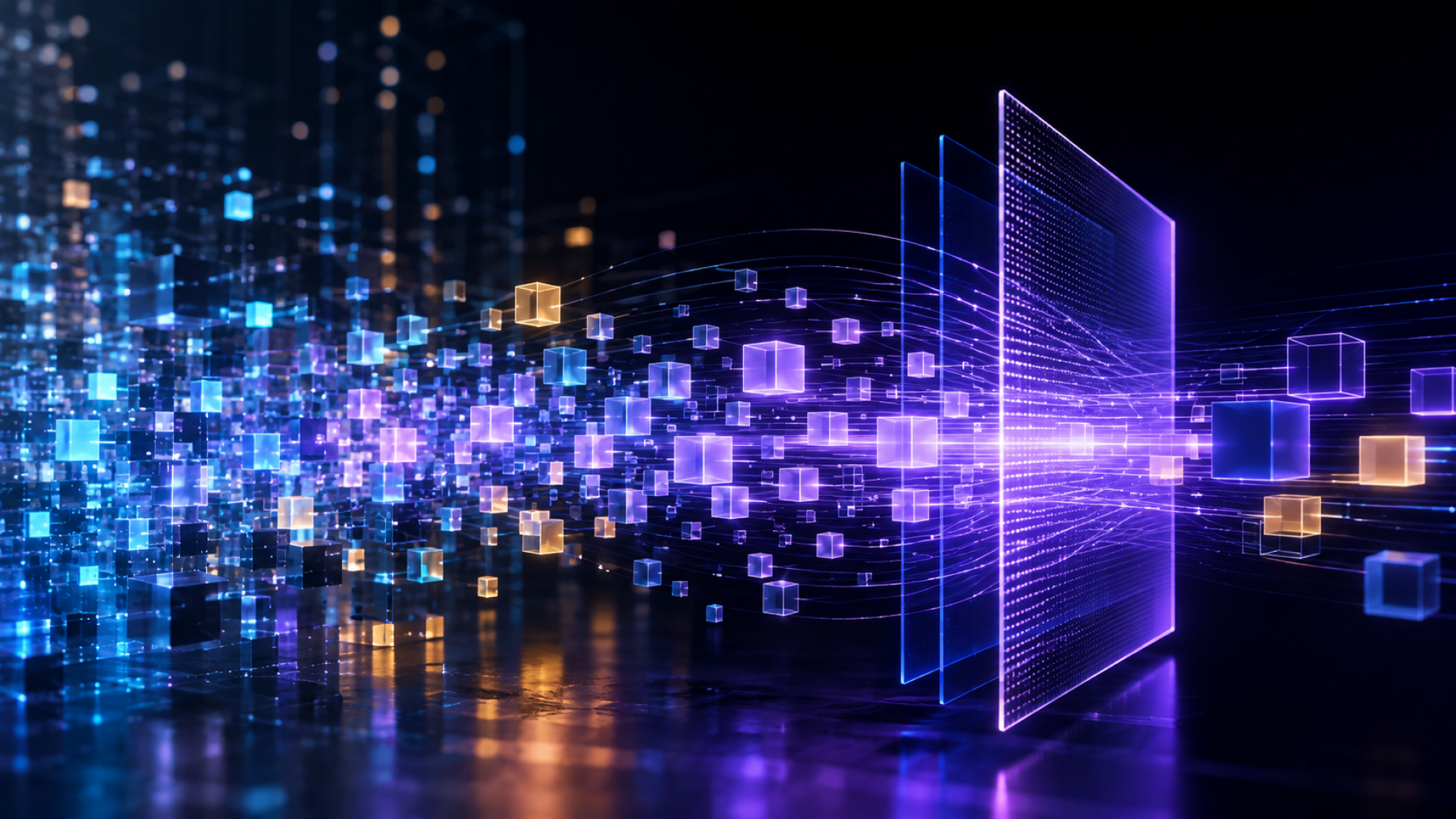 Streams of financial data moving through a digital processing layer, representing scalable, resilient core banking modernization with Temenos Core and CockroachDB.