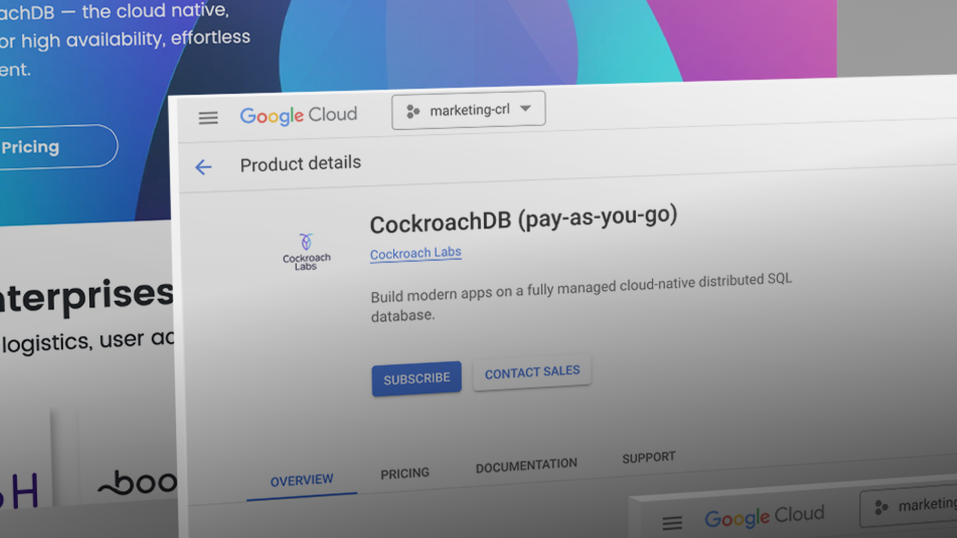 A stylized version of the CockroachdB pay-as-you-go listing on Google Cloud Marketplace.