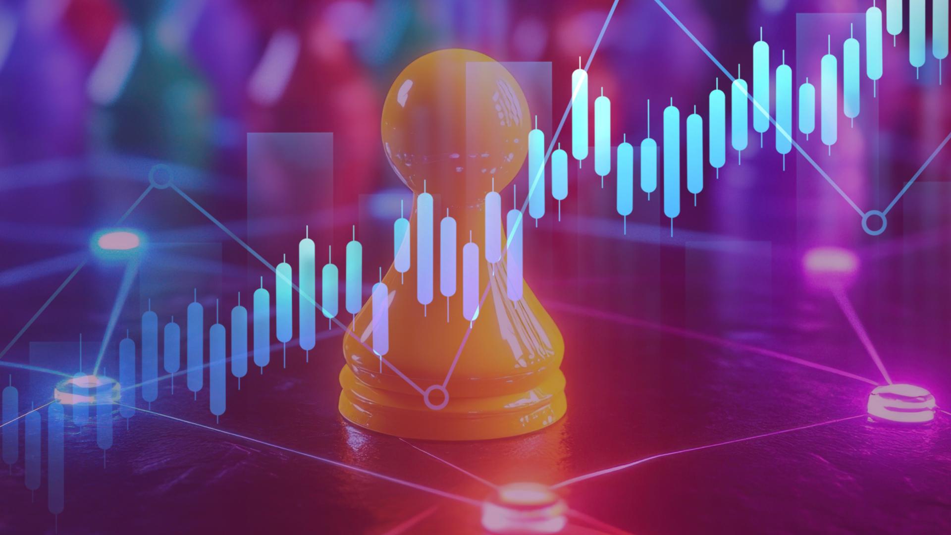 An image of a chess piece with an ascending graph in the foreground.