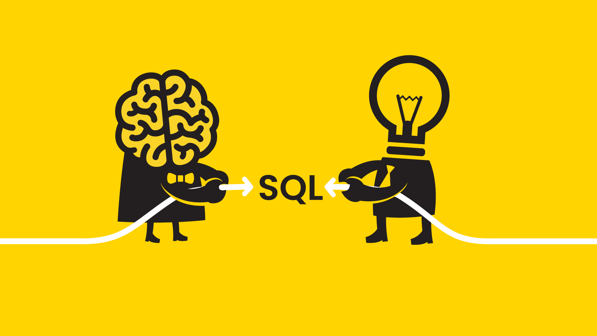 A humorous image of a brain and a light bulb connecting on the term "SQL".