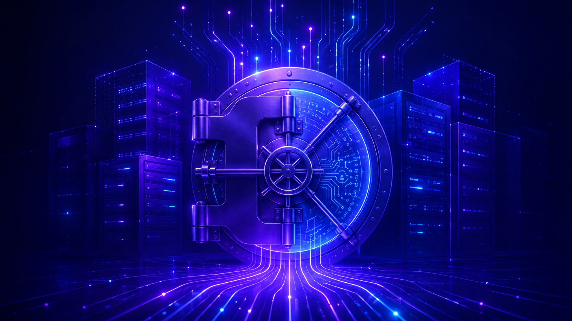 Digital vault surrounded by servers and data pathways, representing secure, resilient database infrastructure for AI agents operating under DORA requirements.