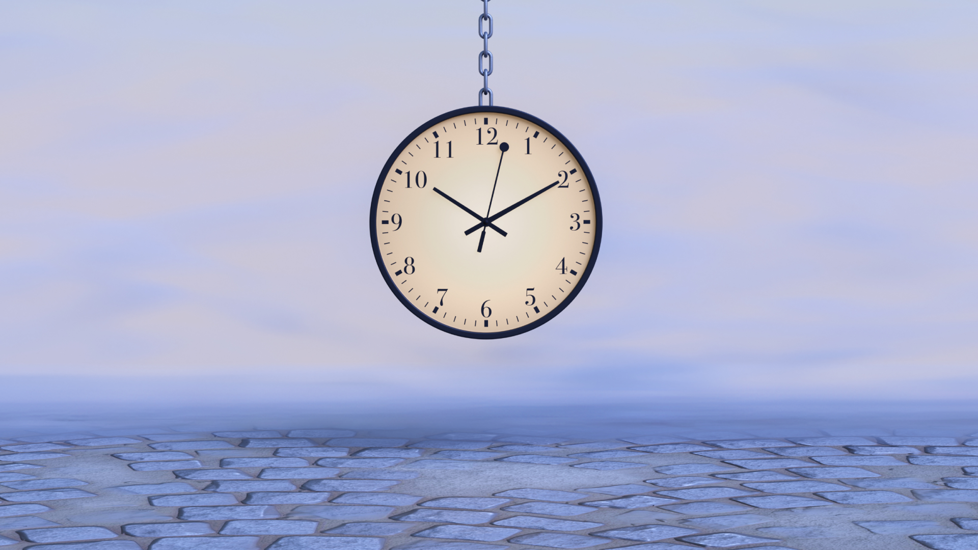 An image of a ticking clock suspended over cobblestones.