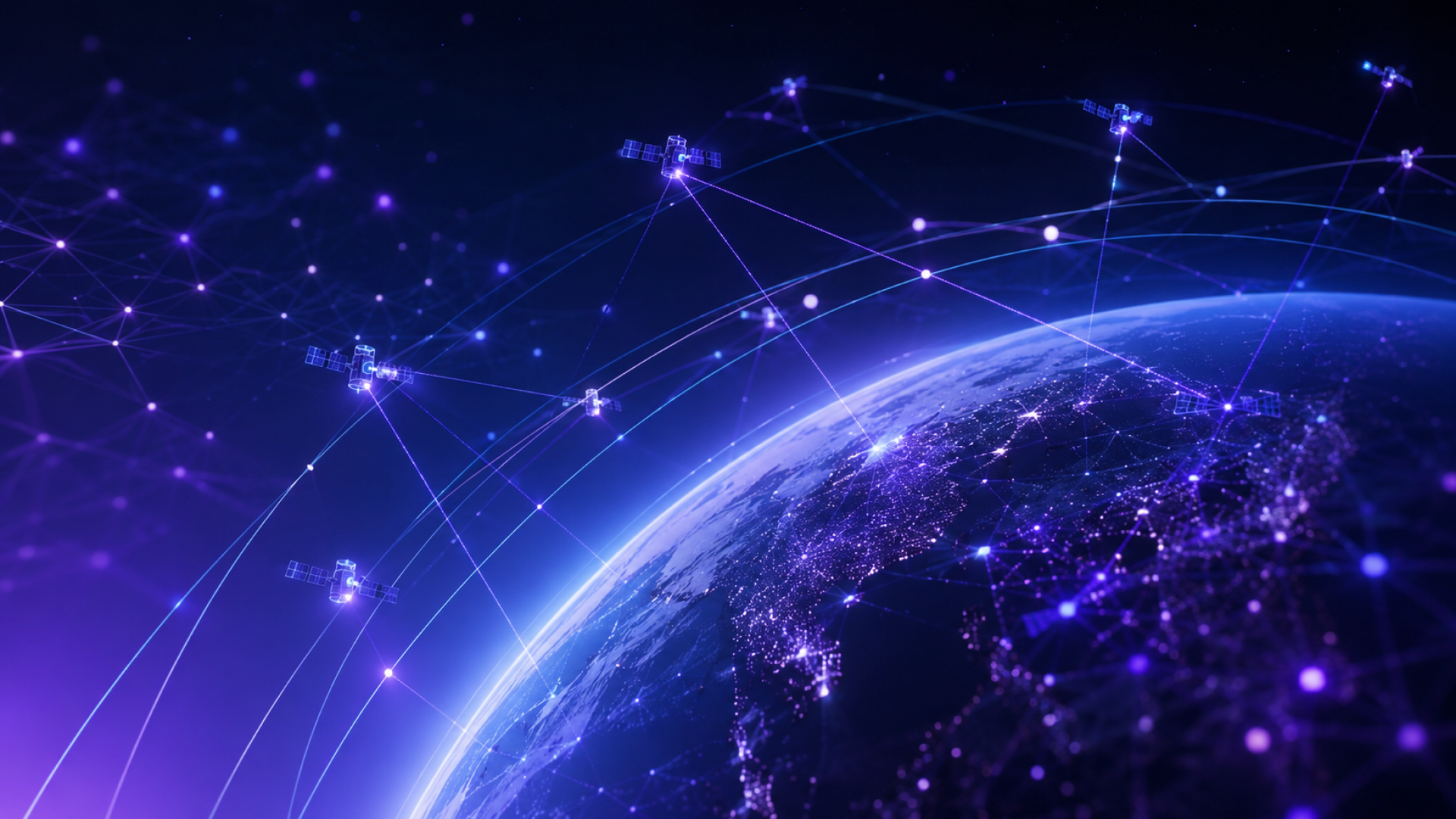 Satellites connected across Earth by illuminated data pathways, representing distributed database coordination, resilience, and data movement in orbital computing.
