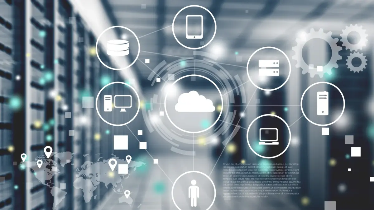 An abstract illustration of cloud computing and metadata management, featuring interconnected icons for data storage, devices, and infrastructure over a blurred server room background. This symbolizes scalable AI data architecture.