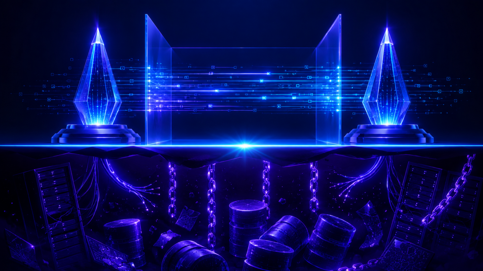 Two AI agents exchanging data above constrained database infrastructure, representing the state and consistency layer beneath A2A communication.