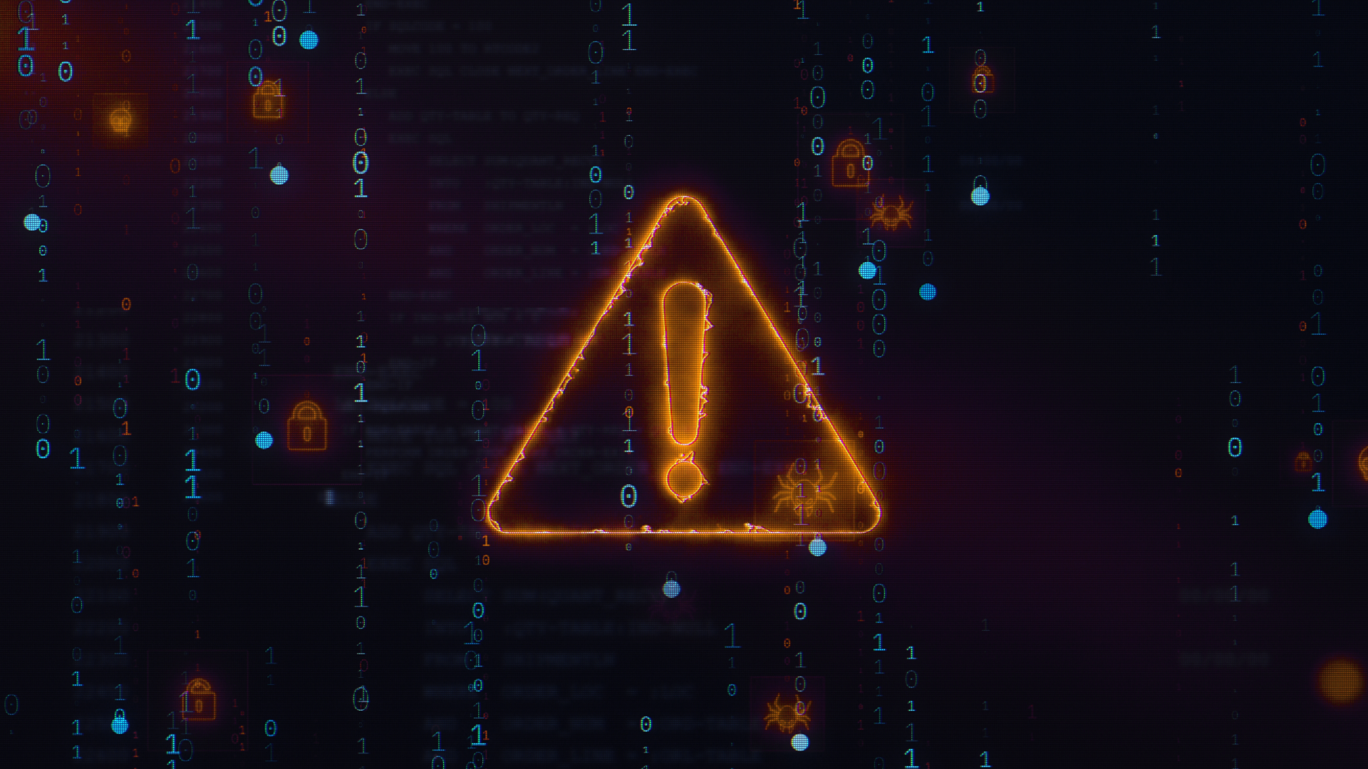 Illustration of a glowing orange warning symbol with binary code in the background, representing cloud outages and system failures in digital infrastructure.