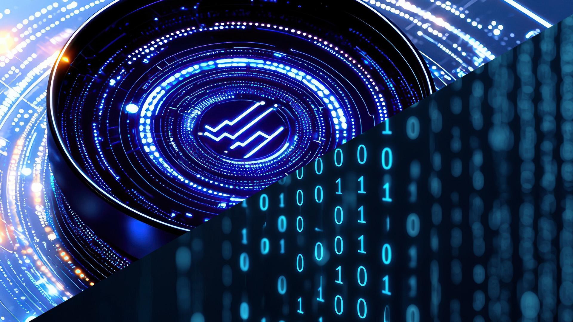 An image of a partial camera lens and Matrix-style data stream.