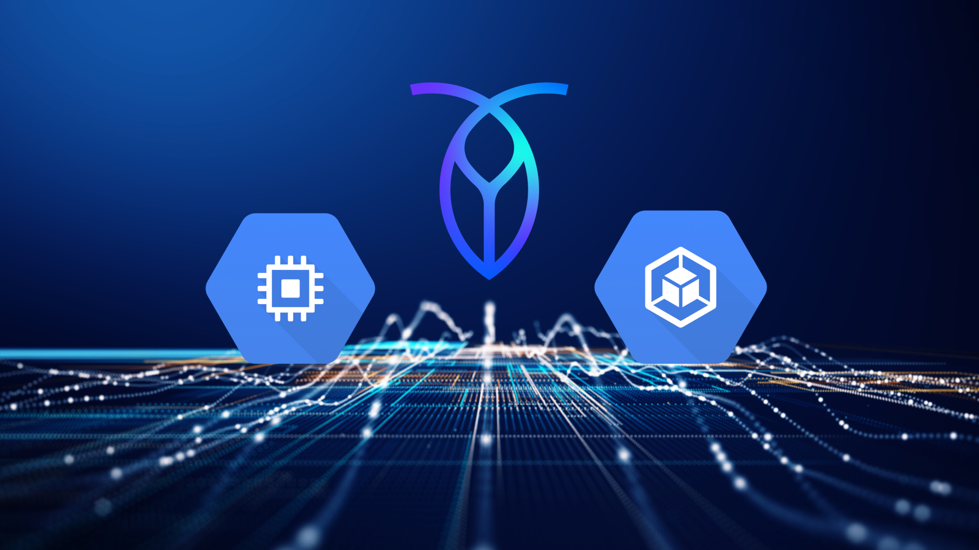 Illustration featuring the CockroachDB logo between Google Cloud icons for compute and Kubernetes, set above a stylized digital network, representing multi-cloud data mobility and interoperability.