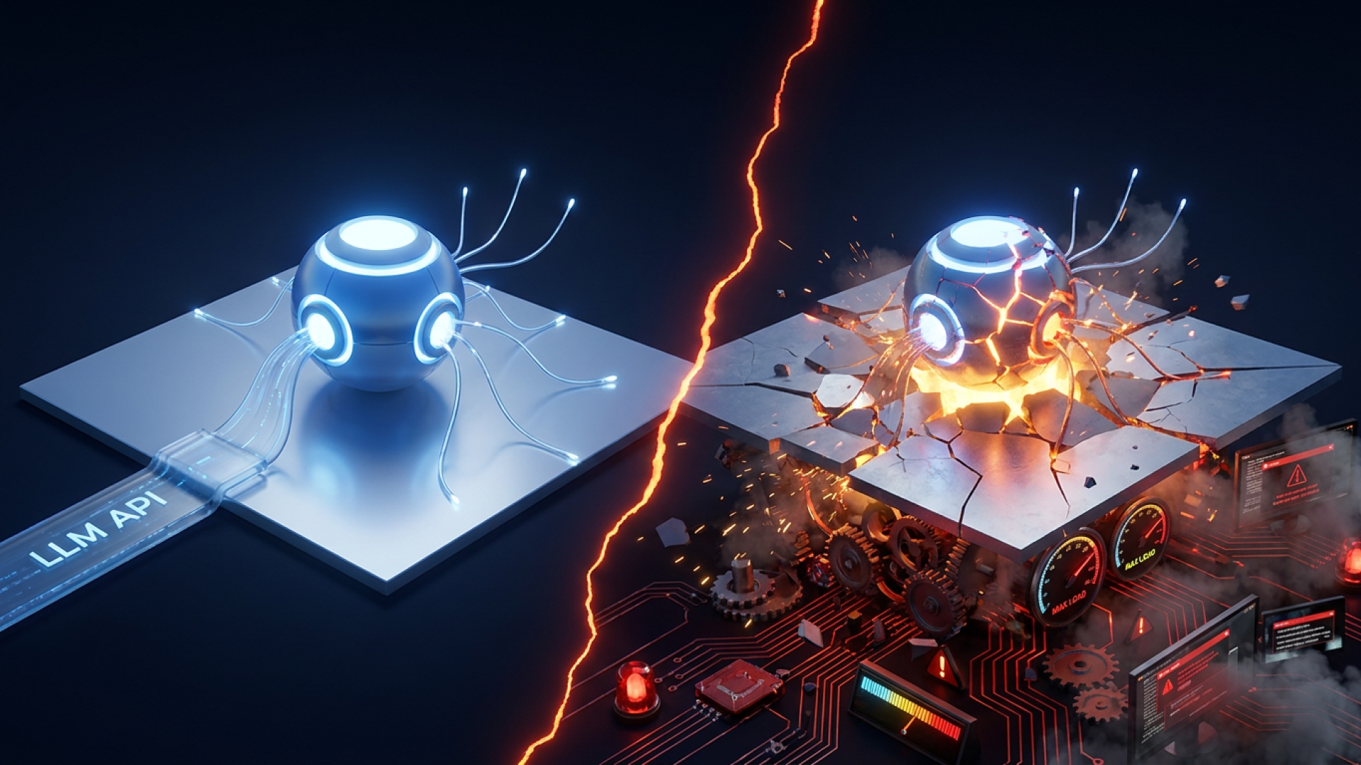 Split-screen visualization of an AI agent operating successfully versus failing under production conditions, representing the infrastructure challenges of scaling agentic AI from proof of concept to production.