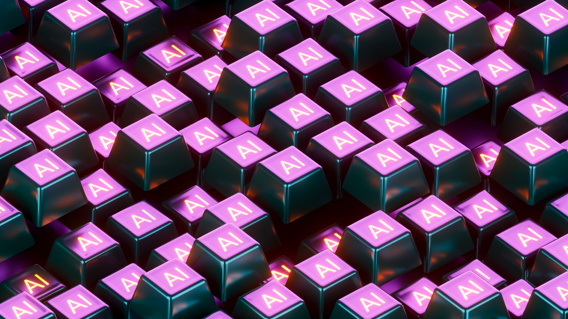 Grid of illuminated “AI” keys, representing high-concurrency agent workloads and parallel transactional pressure on databases