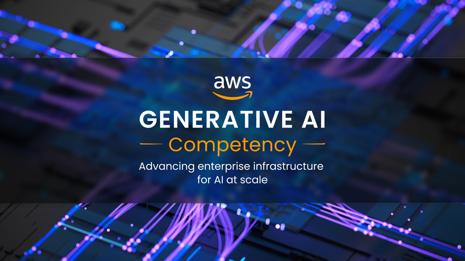 AWS generative AI competency graphic over networked infrastructure, representing scalable and resilient AI systems built on distributed data platforms