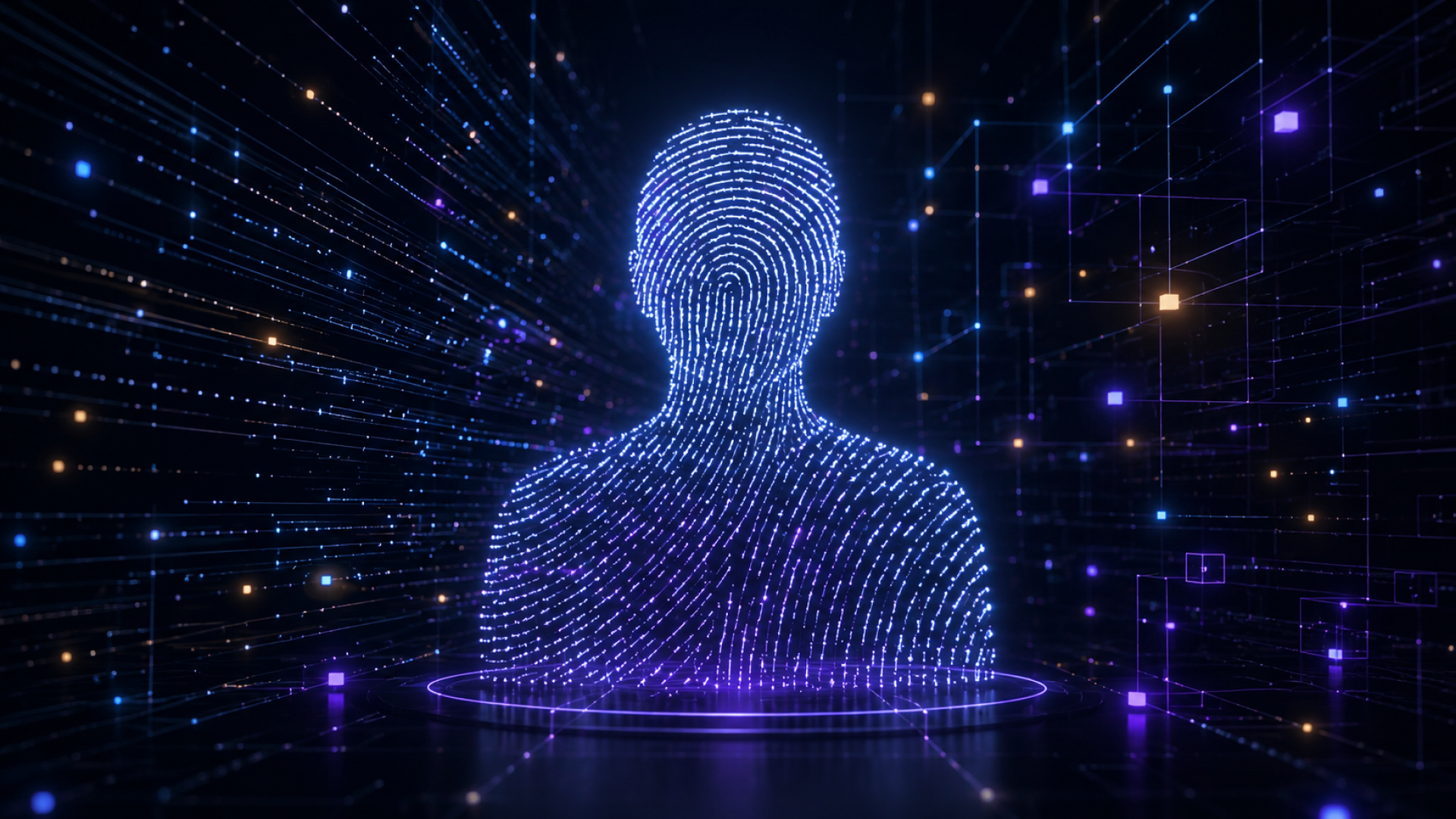 Digital identity formed from connected data points, representing automated SQL user provisioning, access synchronization, auditing, and deprovisioning.