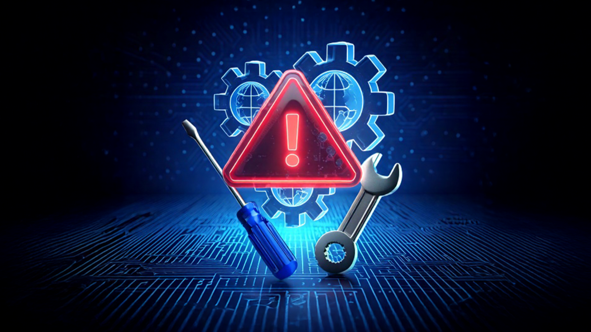 A glowing warning symbol with gears, a screwdriver, and a wrench set against a digital circuit background, representing system outages and the tools needed to build resilient infrastructure.