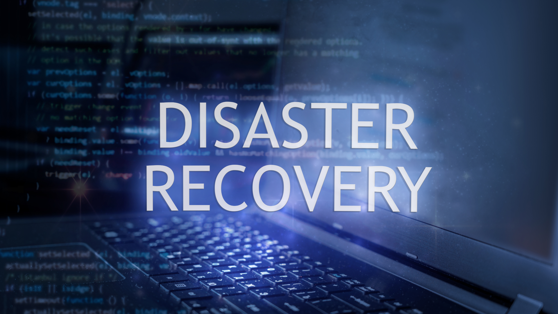 Blurred code in the background with the words "Disaster Recovery"