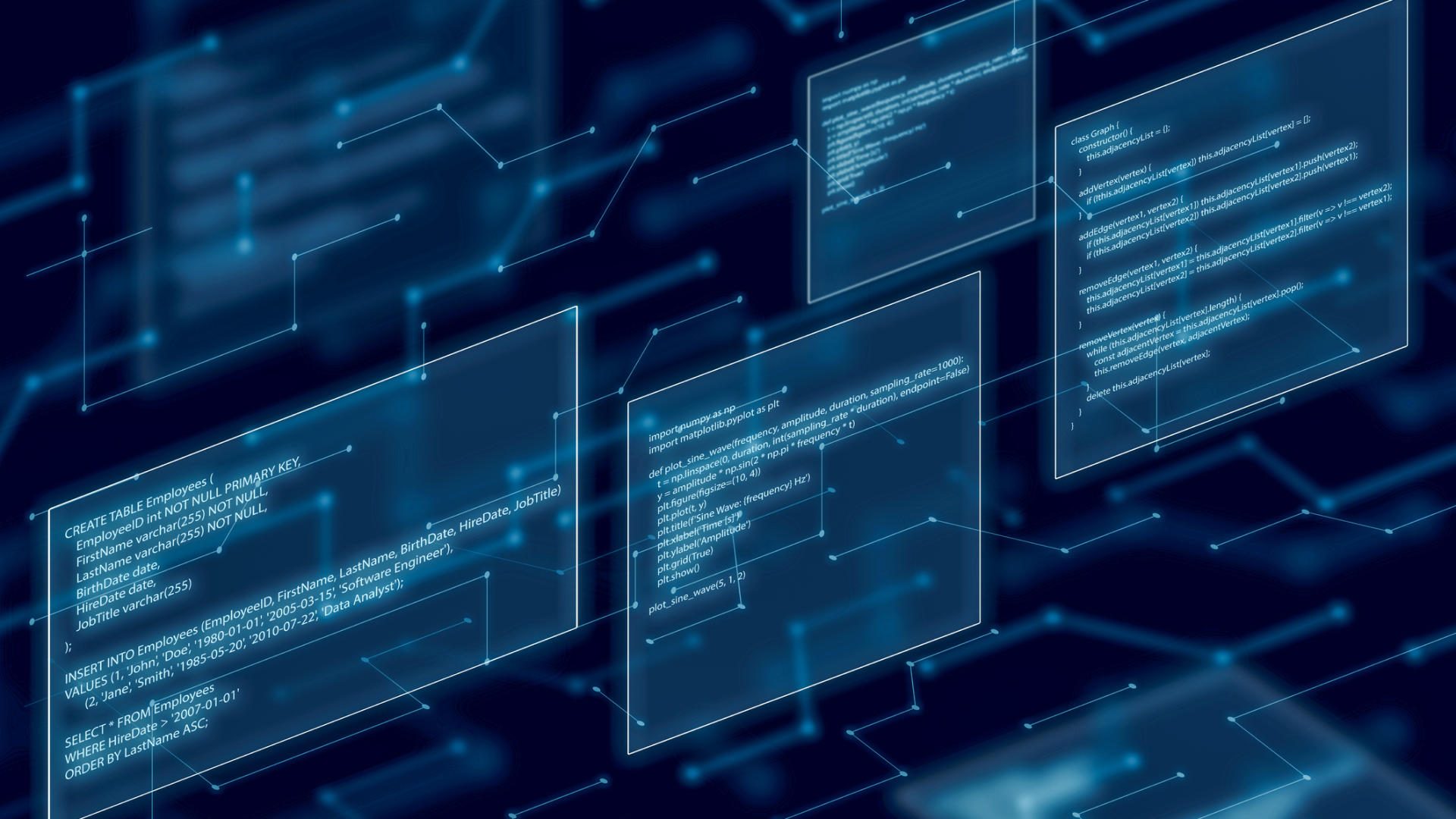Abstract visualization of application code and data flows, representing database observability enriched with application context.