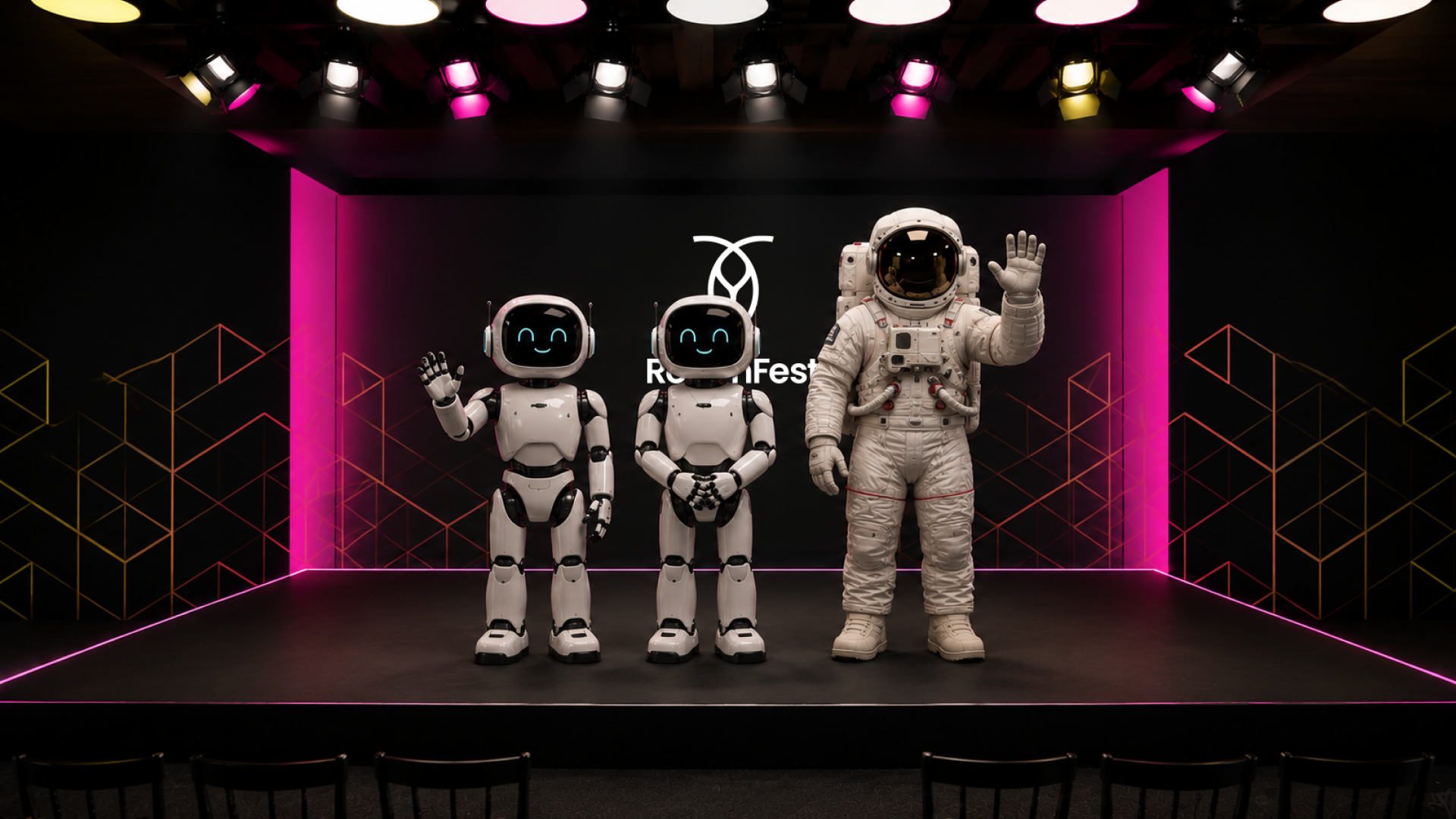 Robots and an astronaut on a RoachFest stage, representing discussions on AI agents, resilience, and the future of distributed database systems