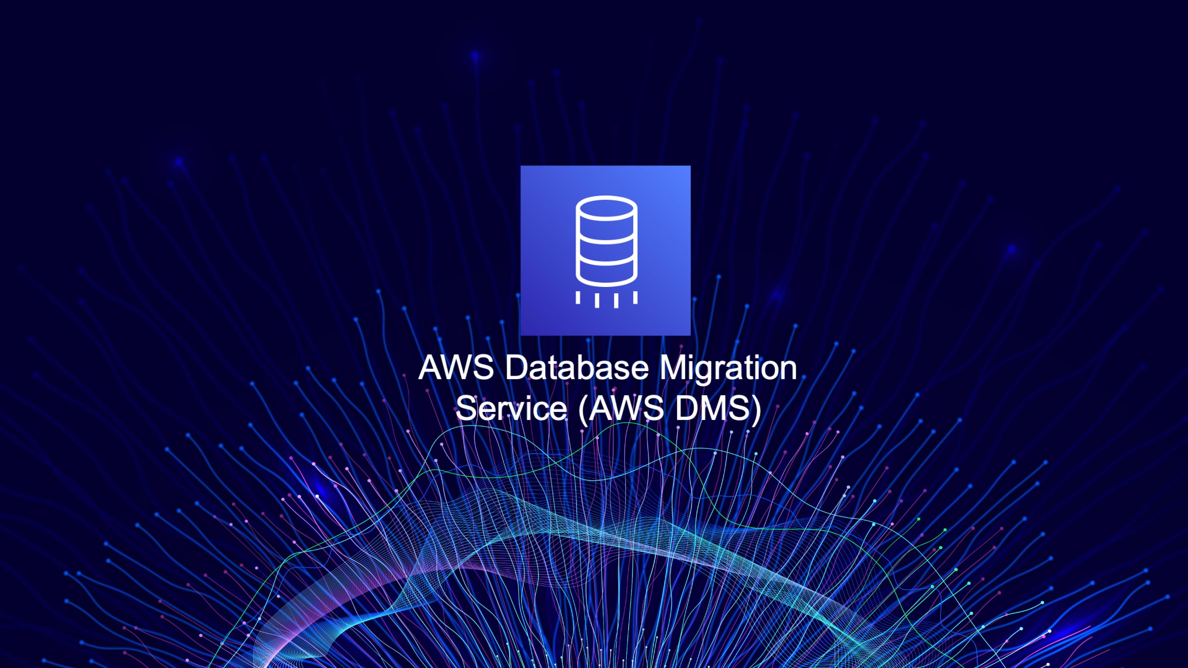 The AWS Data Migration Service (AWS DMS) logo in the middle of an abstract blue, purple, and green background.