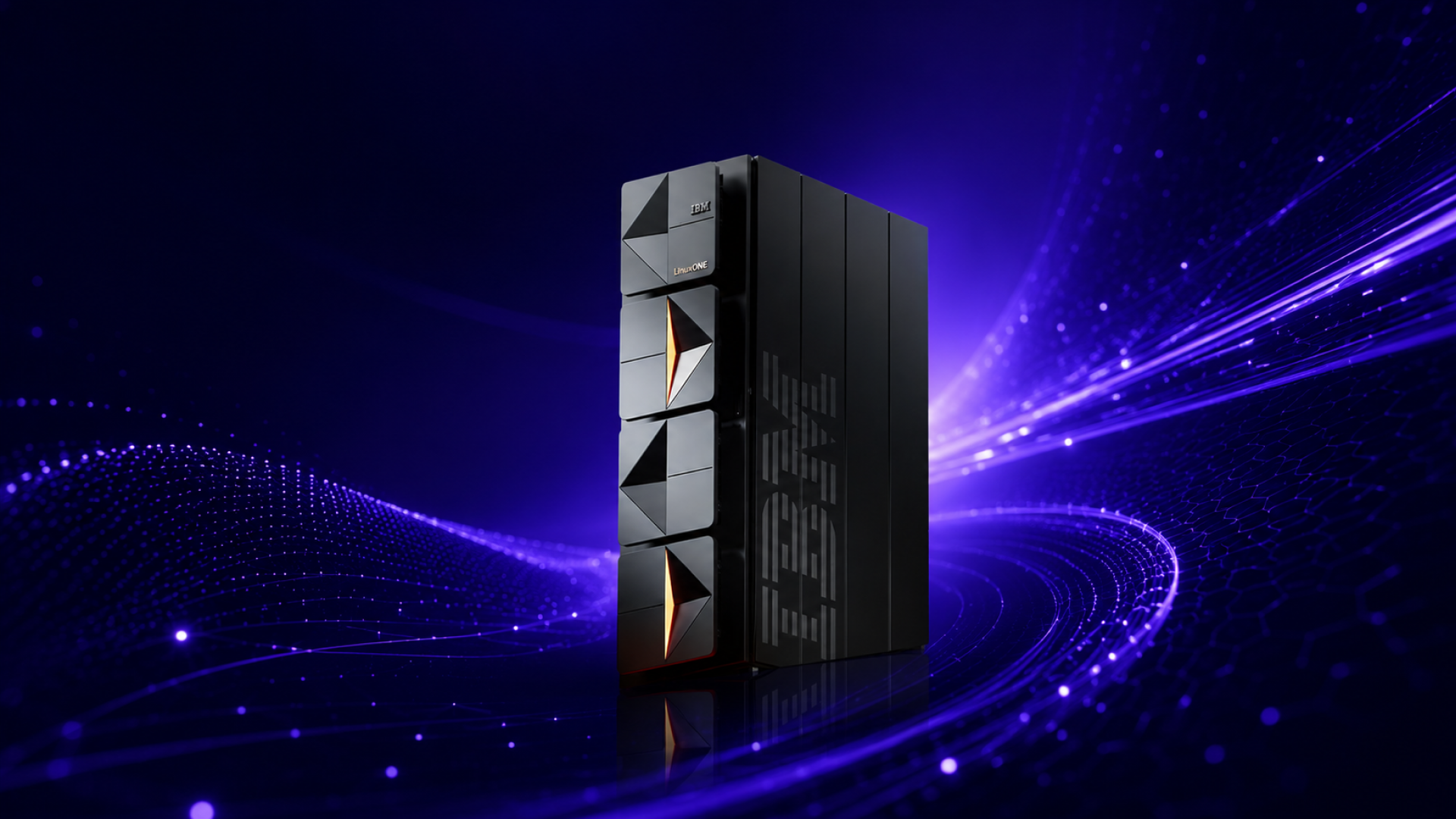 IBM LinuxONE Rockhopper 5 system surrounded by connected data streams, representing resilient infrastructure for distributed SQL, enterprise AI, and continuous availability.