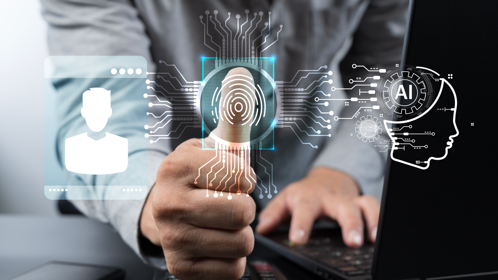 Person using a laptop with a close-up of their thumb pressing a biometric fingerprint scanner. Overlaid digital graphics depict identity verification, fingerprint recognition, and artificial intelligence (AI), symbolizing secure access and identity management in AI systems.