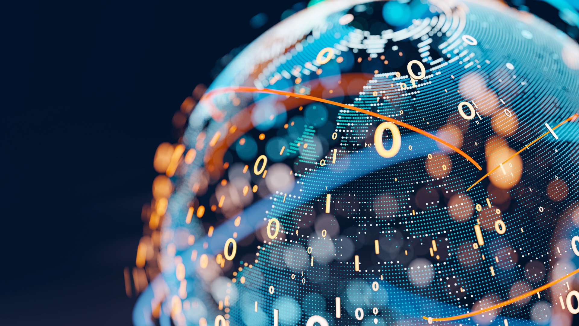 Digital globe composed of data points and binary streams with the headline “A Reference Architecture for a Next Generation Global Reporting Platform,” representing globally distributed reporting built on a unified database architecture.