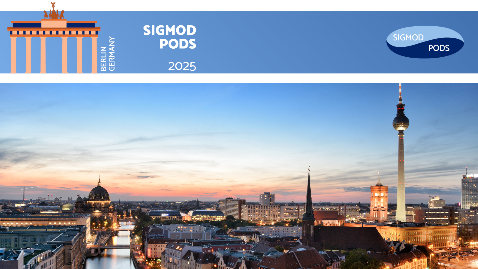 Cityscape of Berlin at sunset with SIGMOD conference branding.