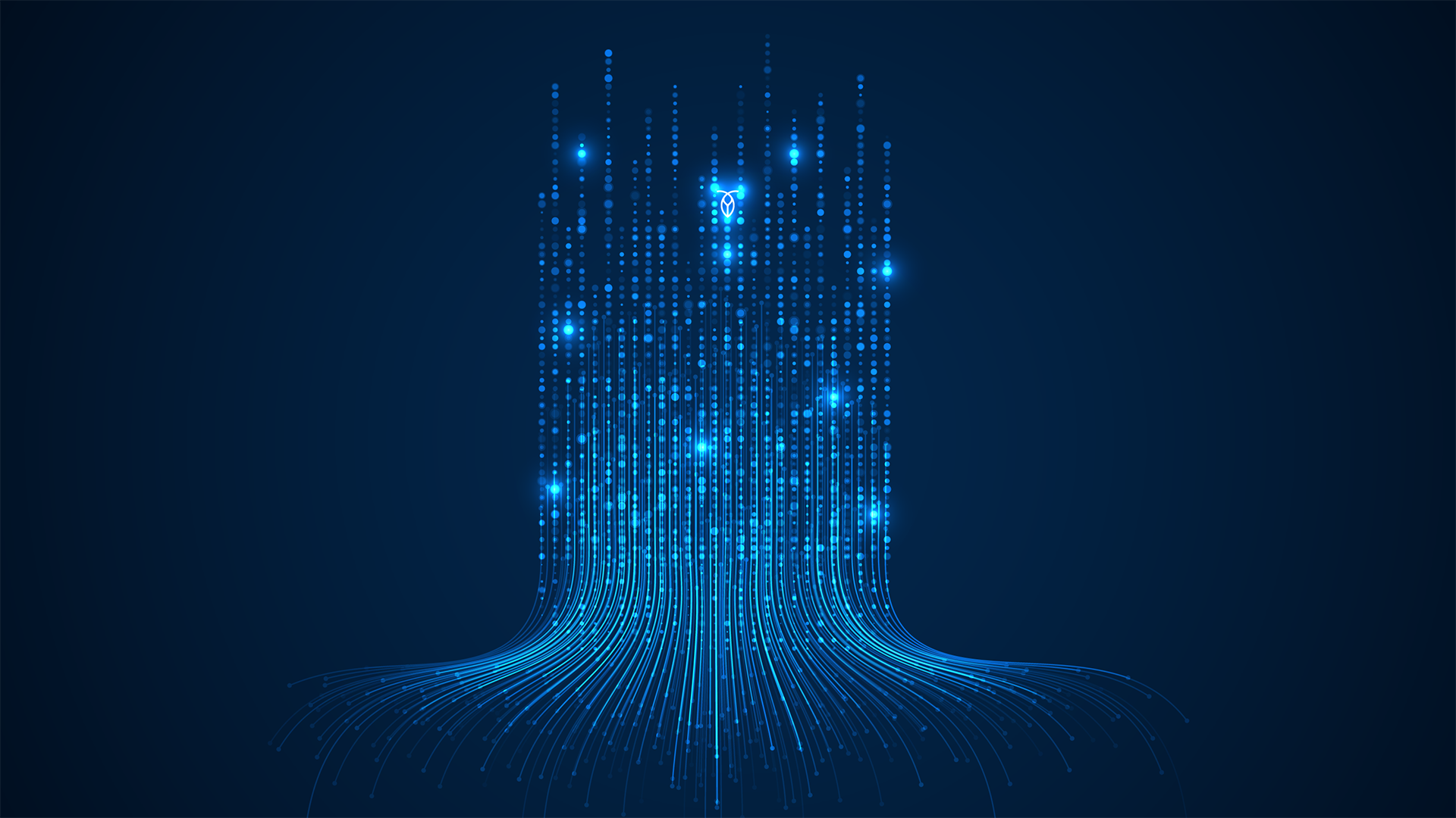 A dark blue background, with a waterfall of digital blue light cascading down the center, with the CockroachDB logo at the top.