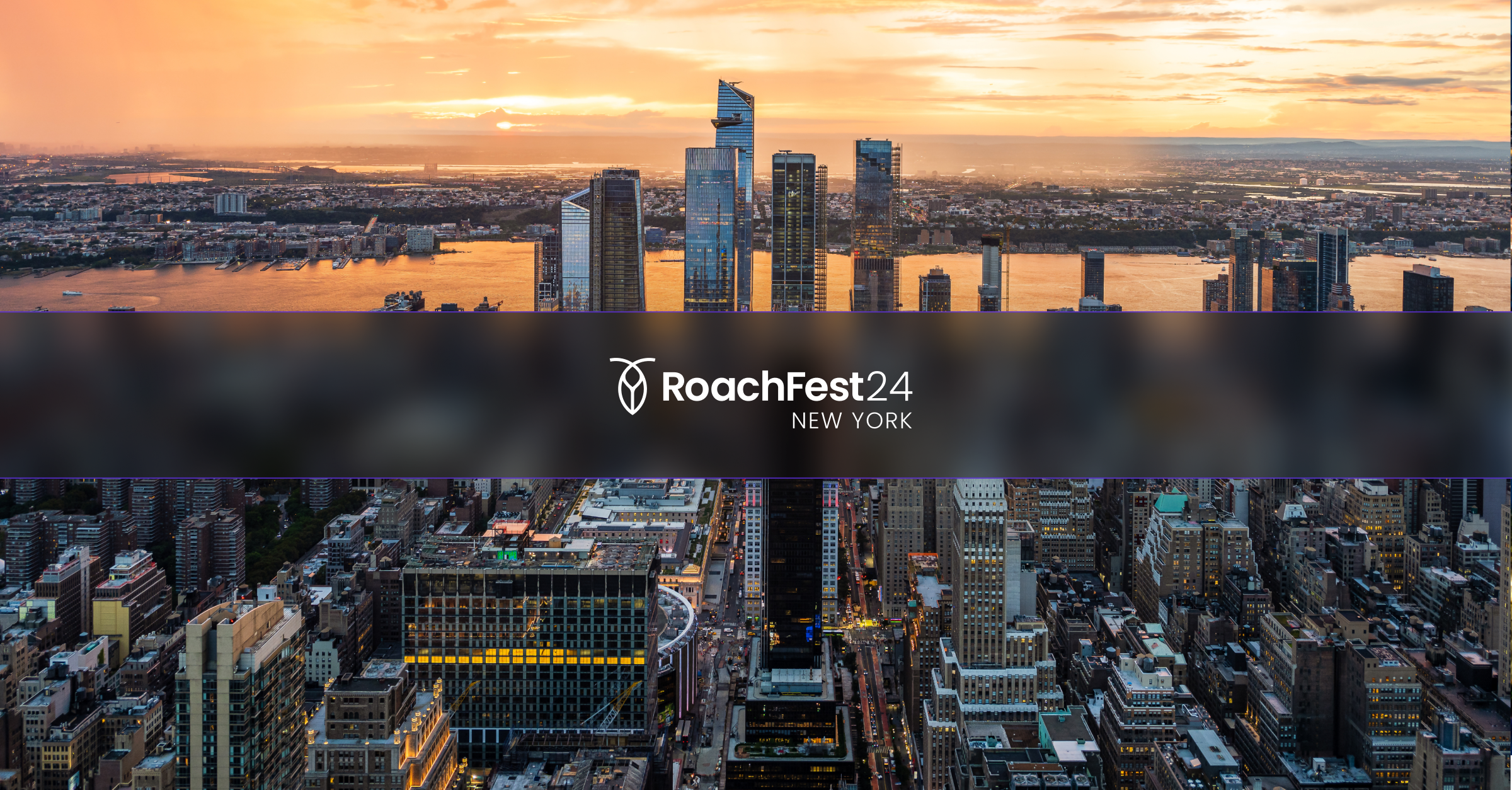 New York City skyline at sunset with the RoachFest24 New York logo superimposed.