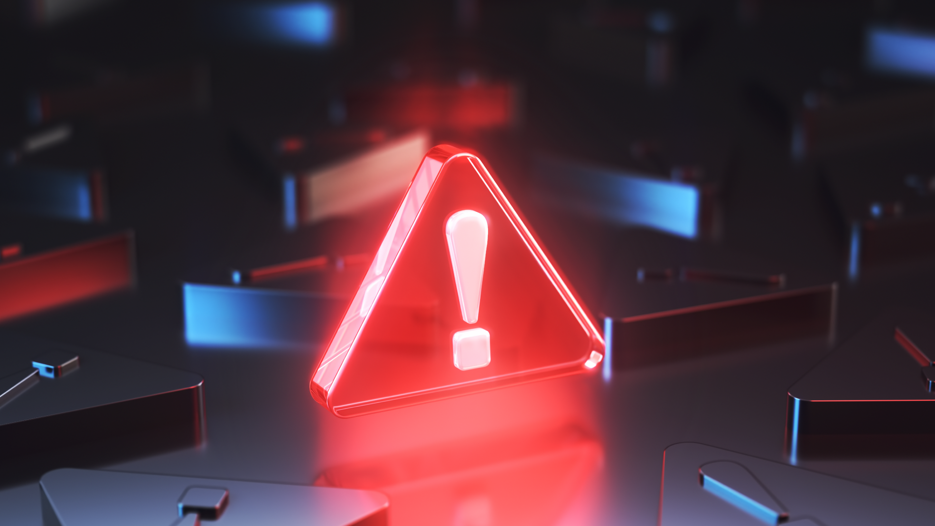 Glowing red warning symbol surrounded by a network of systems, representing simulated infrastructure failure and database resilience testing.