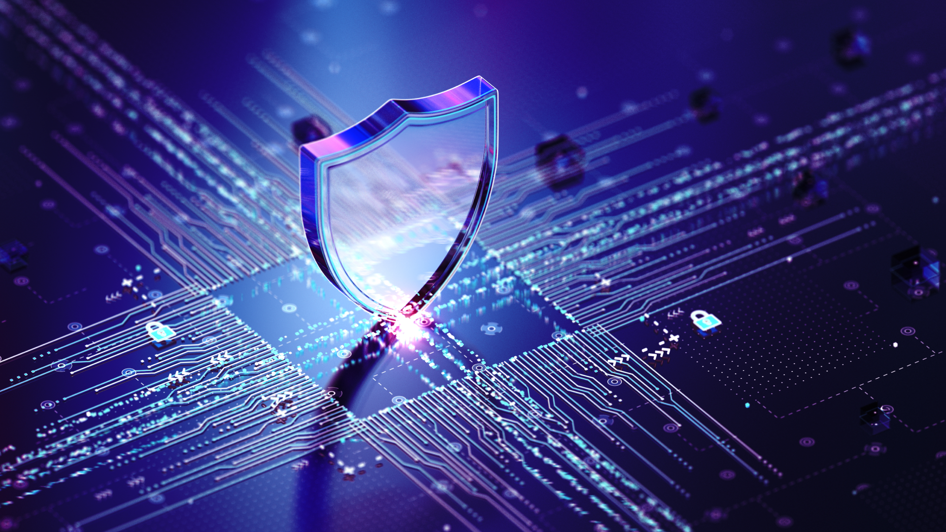 Digital shield protecting interconnected circuit lines, symbolizing modern zero trust database authentication and cryptographic workload identity in cloud-native environments.