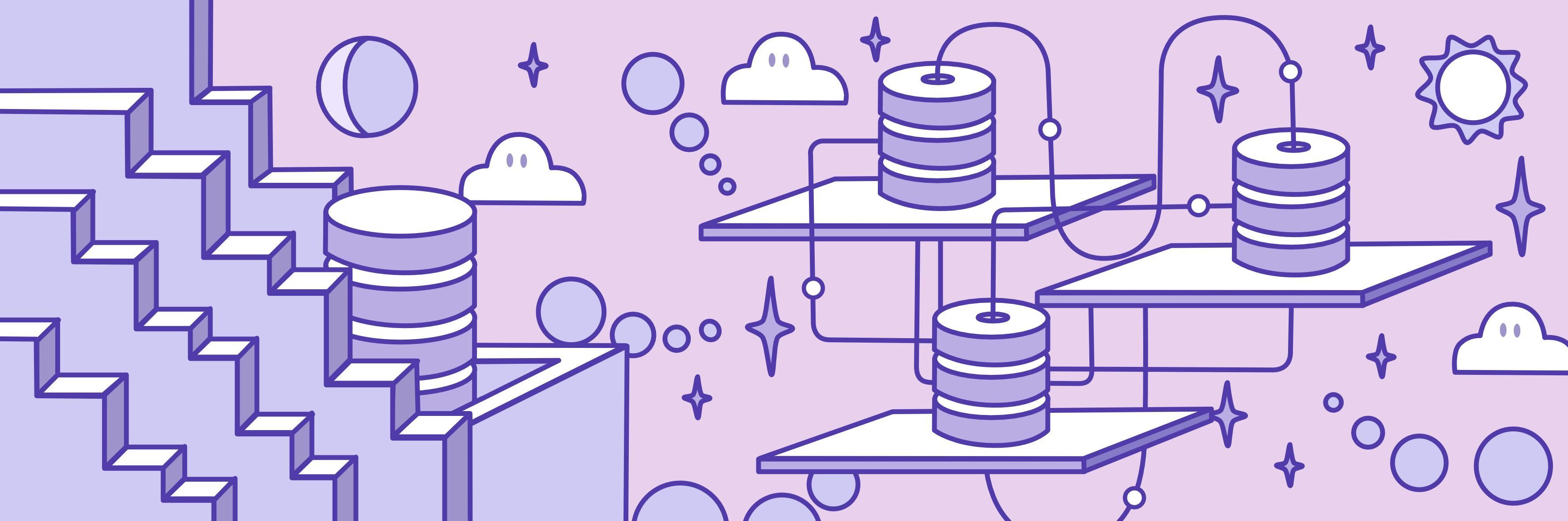 Illustration of distributed SQL databases performing upsert operations across connected nodes in a cloud environment.
