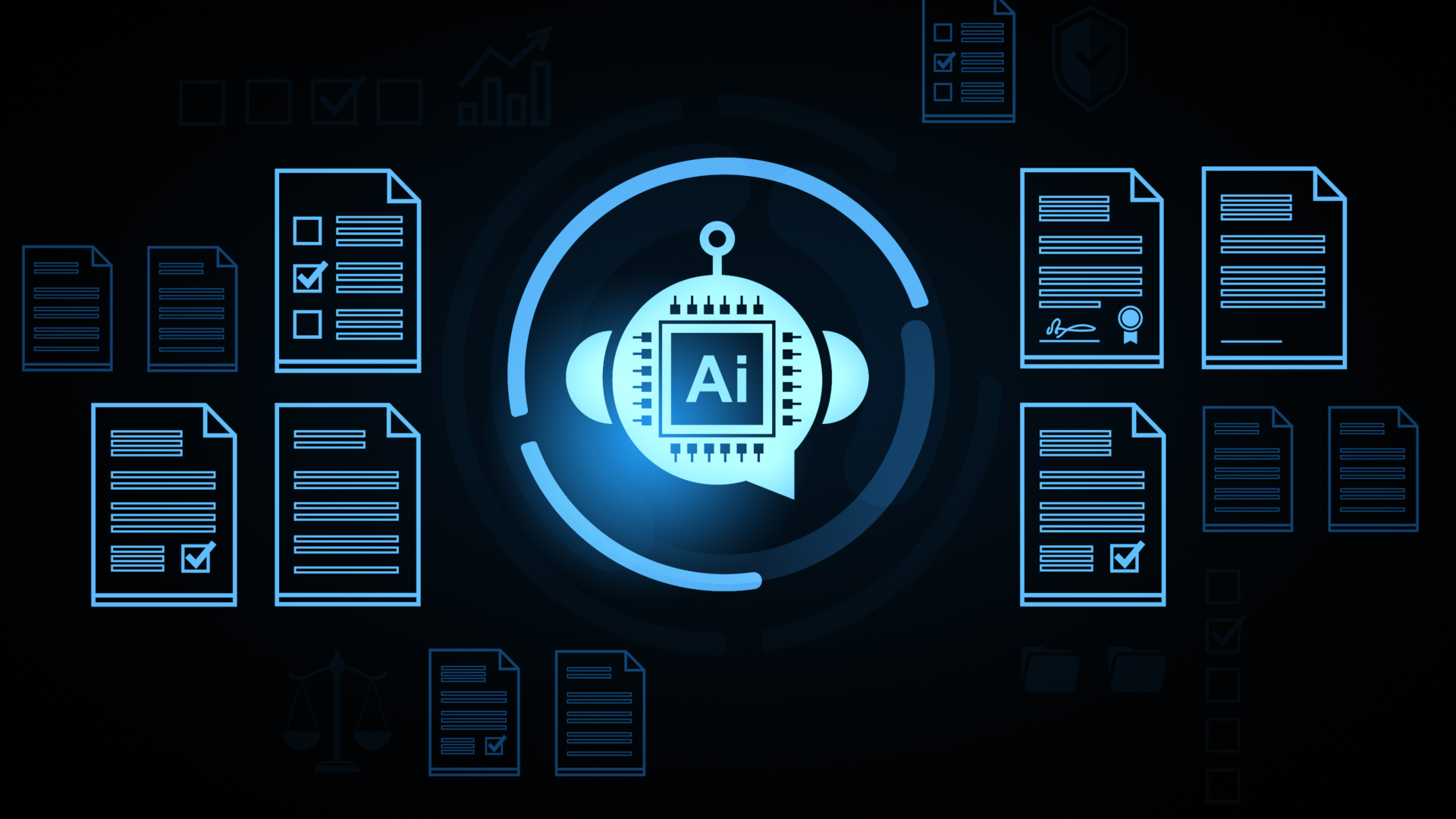 Illustration of an AI processor surrounded by documents and data icons, representing modern AI workloads relying on a distributed database architecture for real-time processing and governance.