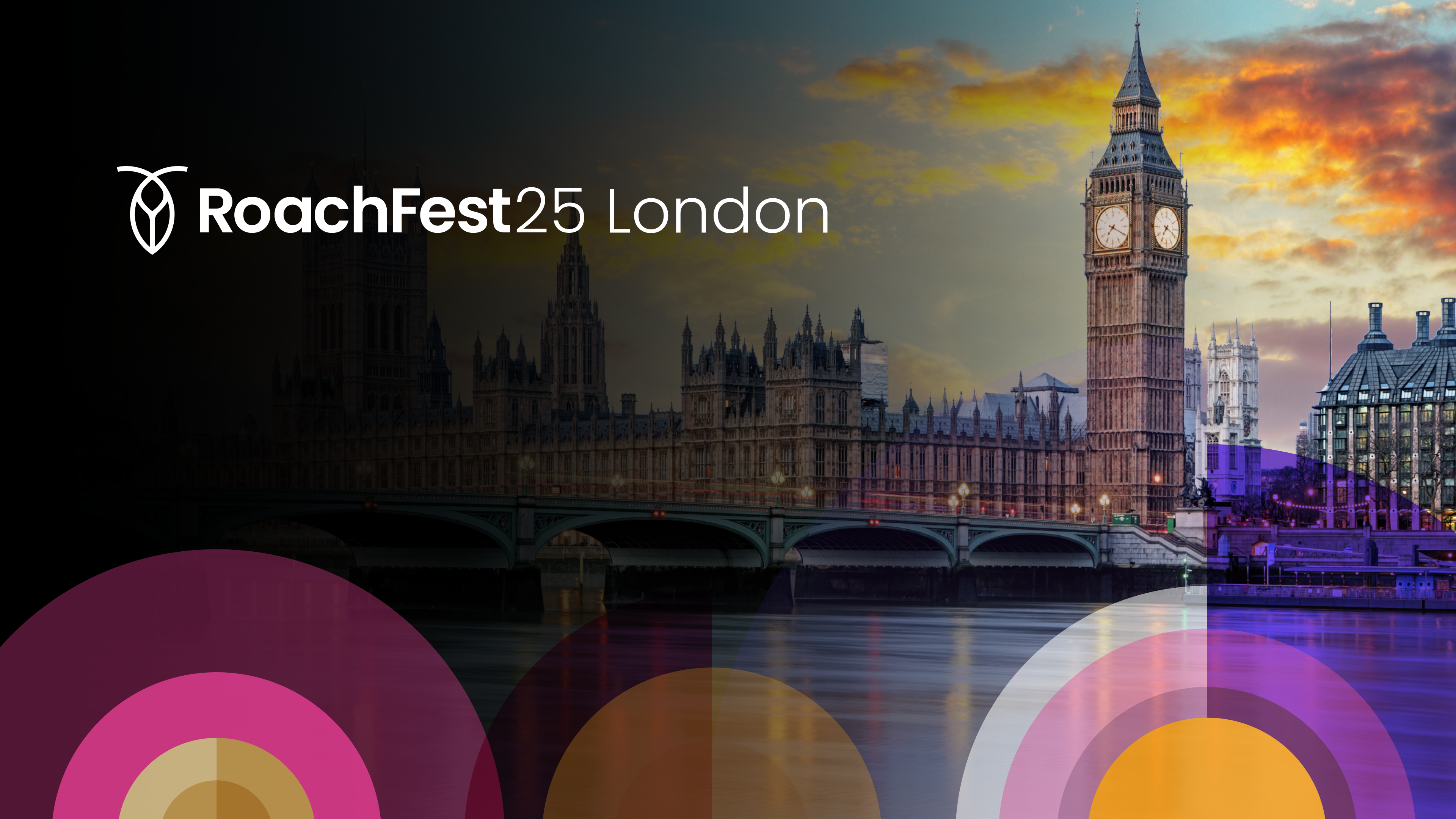 The London cityscape with abstract graphics superimposed and the Cockroach Labs' RoachFest25 London logo in the upper left.