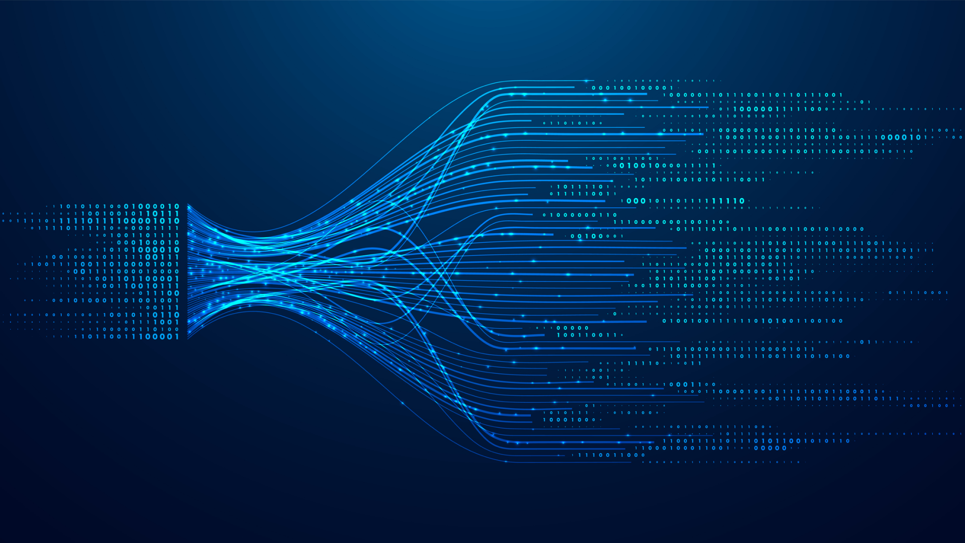 Data streams flowing from a centralized source into parallel pathways, representing horizontally scalable PostgreSQL-compatible database architecture for AI workloads.