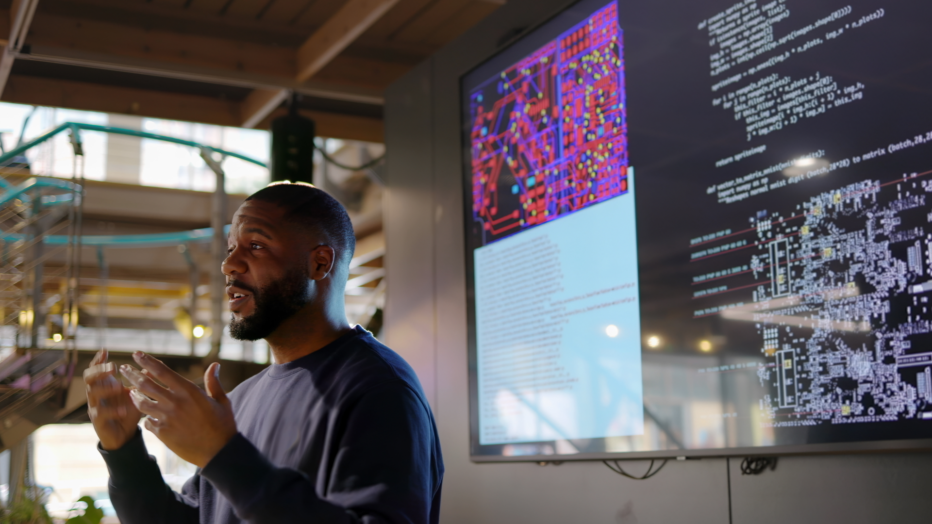 Instructor giving a technical presentation in front of a large screen displaying complex data visualizations, code, and circuit board diagrams. The setting suggests a modern training or educational environment, highlighting hands-on learning and expert-led instruction for CockroachDB.