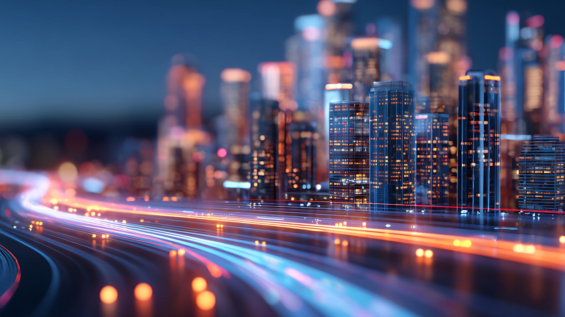 A futuristic cityscape with bright light trails representing high-speed digital transactions, symbolizing the fast, global nature of modern FinTech systems.