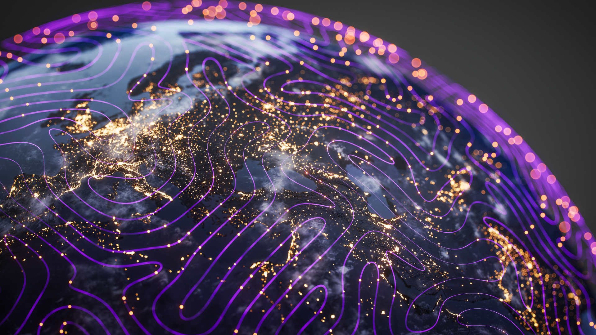 Visualization of a global network with highlighted regions and data flows, representing multi-region database architecture, data placement, and locality-aware query optimization.