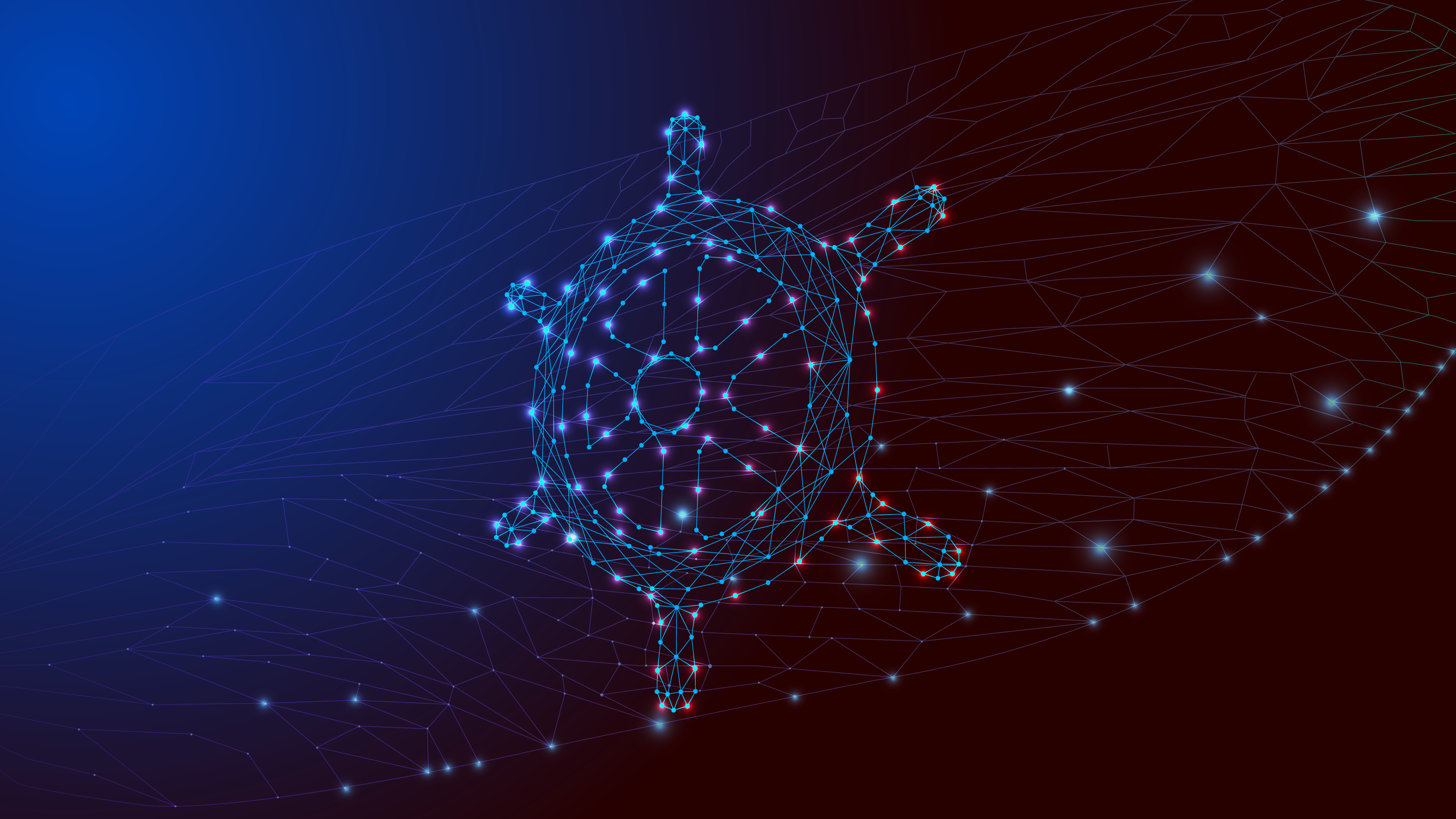 The Kubernetes steering wheel icon as a 3D set of connect points on a blue and black gradient background.