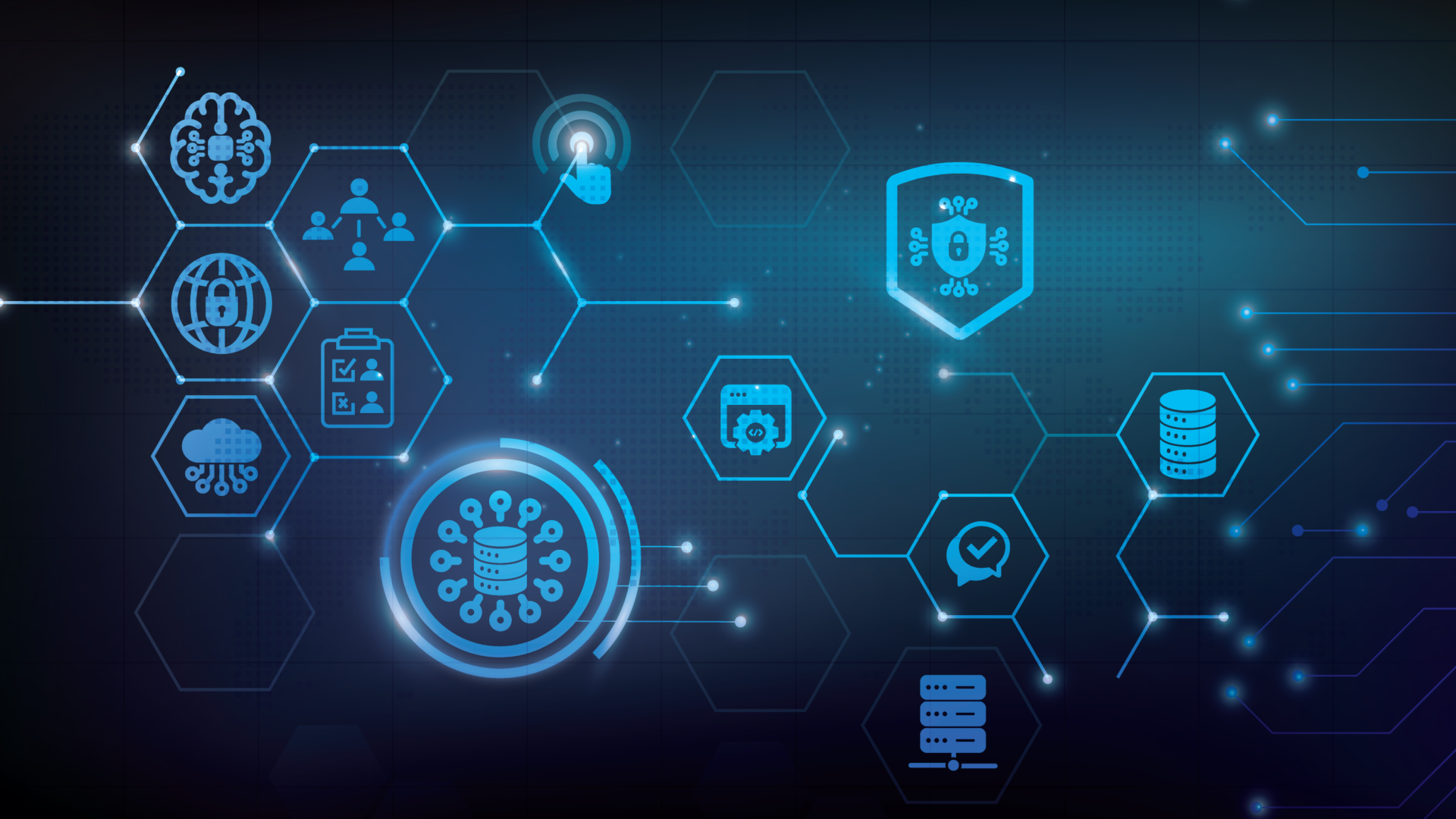 Abstract graphic of interconnected database, security, and authorization icons representing distributed data and permission consistency.